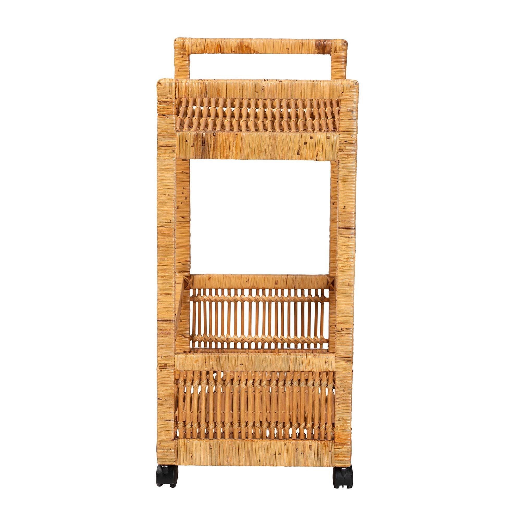 bali & pari Genet Modern Bohemian Rattan and Teak Wood 2-Tier Kitchen Cart