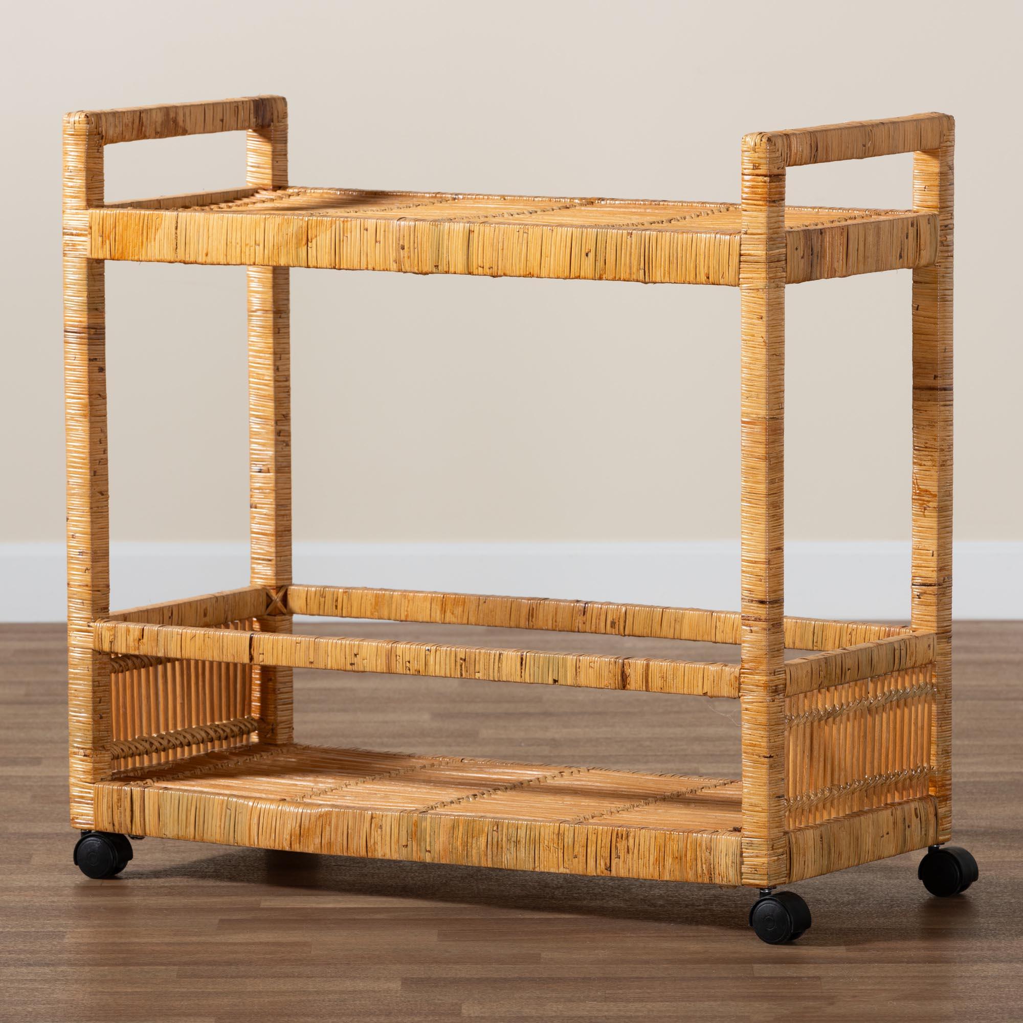 bali & pari Genet Modern Bohemian Rattan and Teak Wood 2-Tier Kitchen Cart