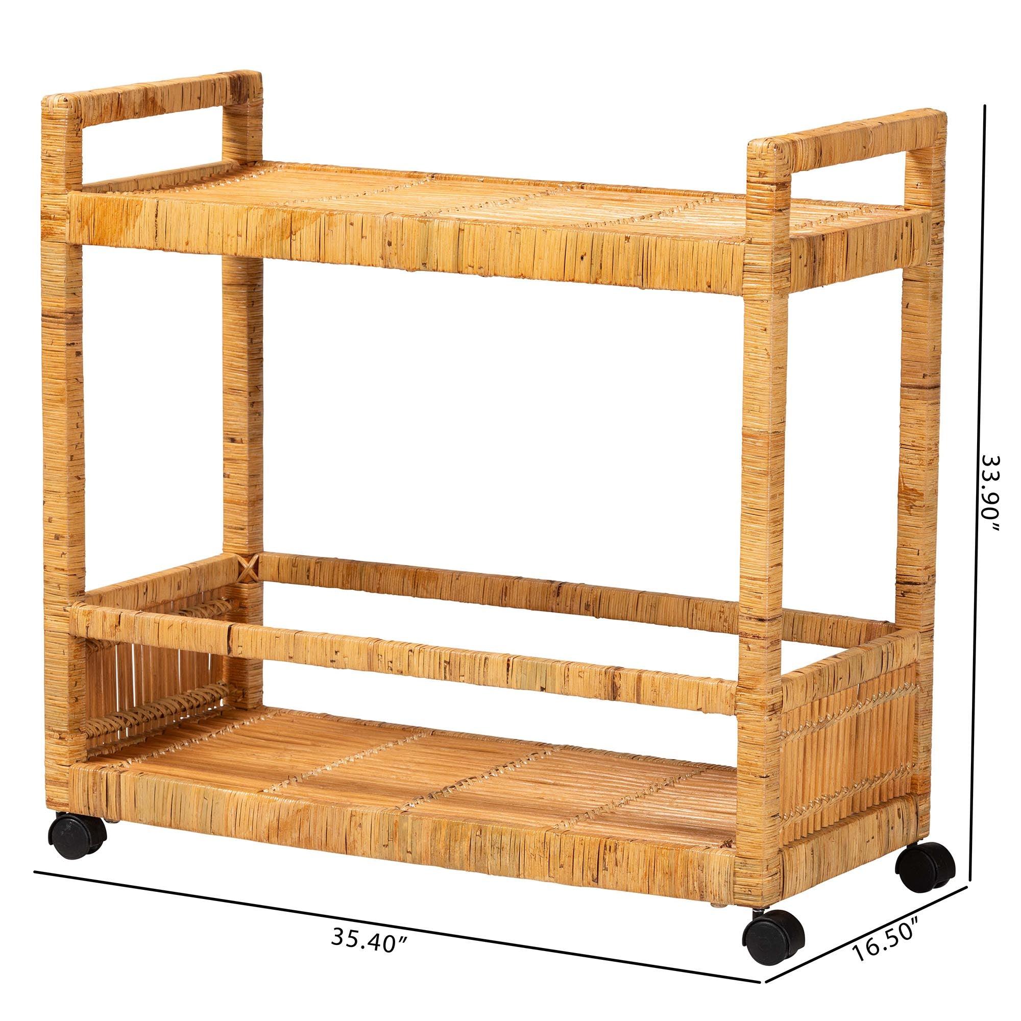 bali & pari Genet Modern Bohemian Rattan and Teak Wood 2-Tier Kitchen Cart