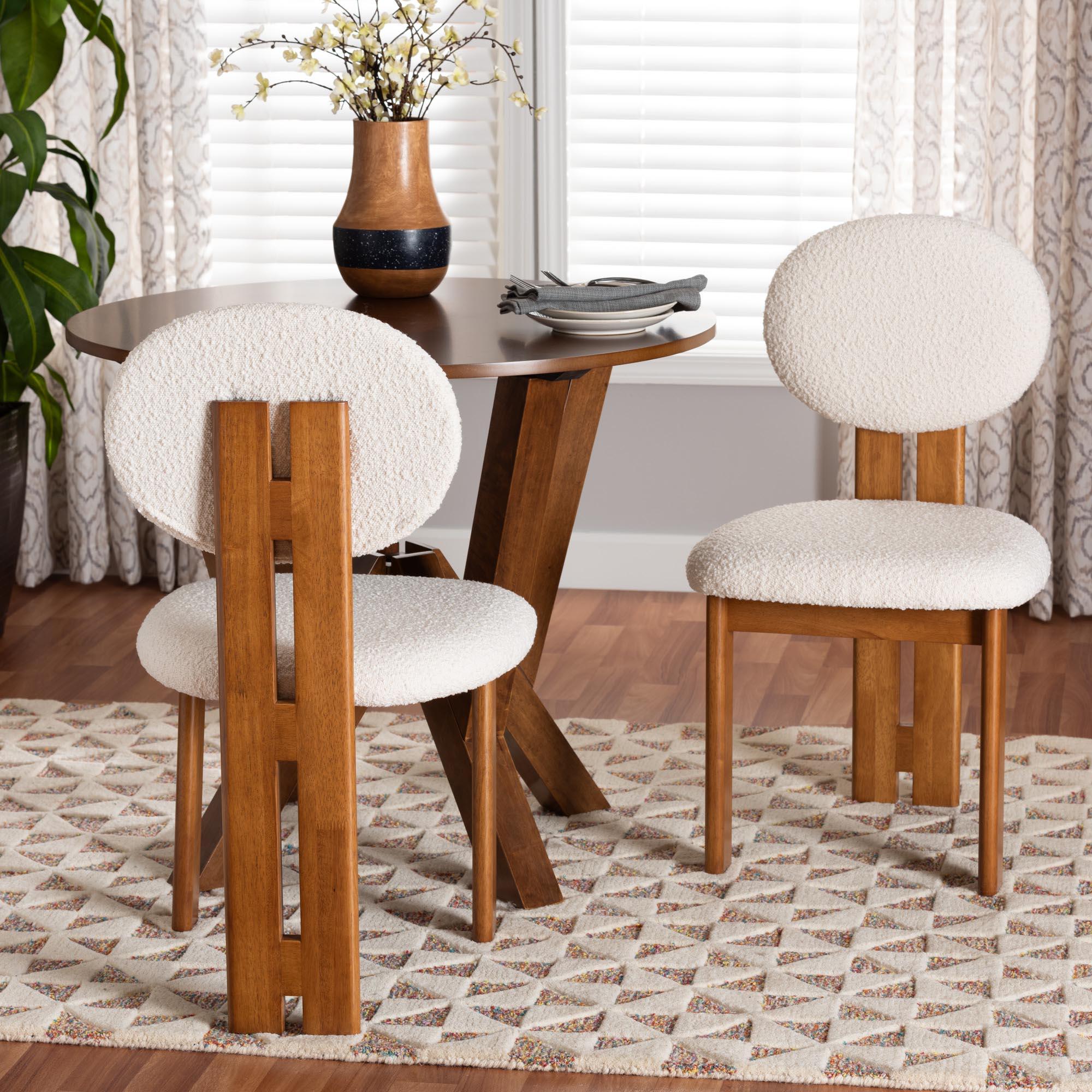 Kacela Modern Japandi Cream Boucle Fabric and Finished Wood 2-Piece Dining Chair Set