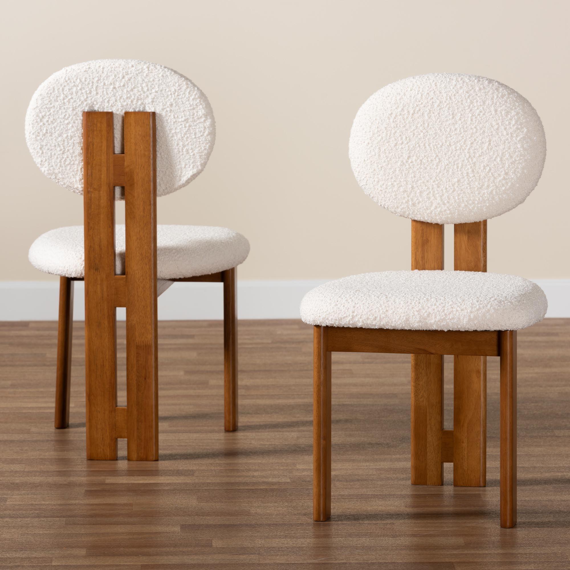 Kacela Modern Japandi Cream Boucle Fabric and Finished Wood 2-Piece Dining Chair Set