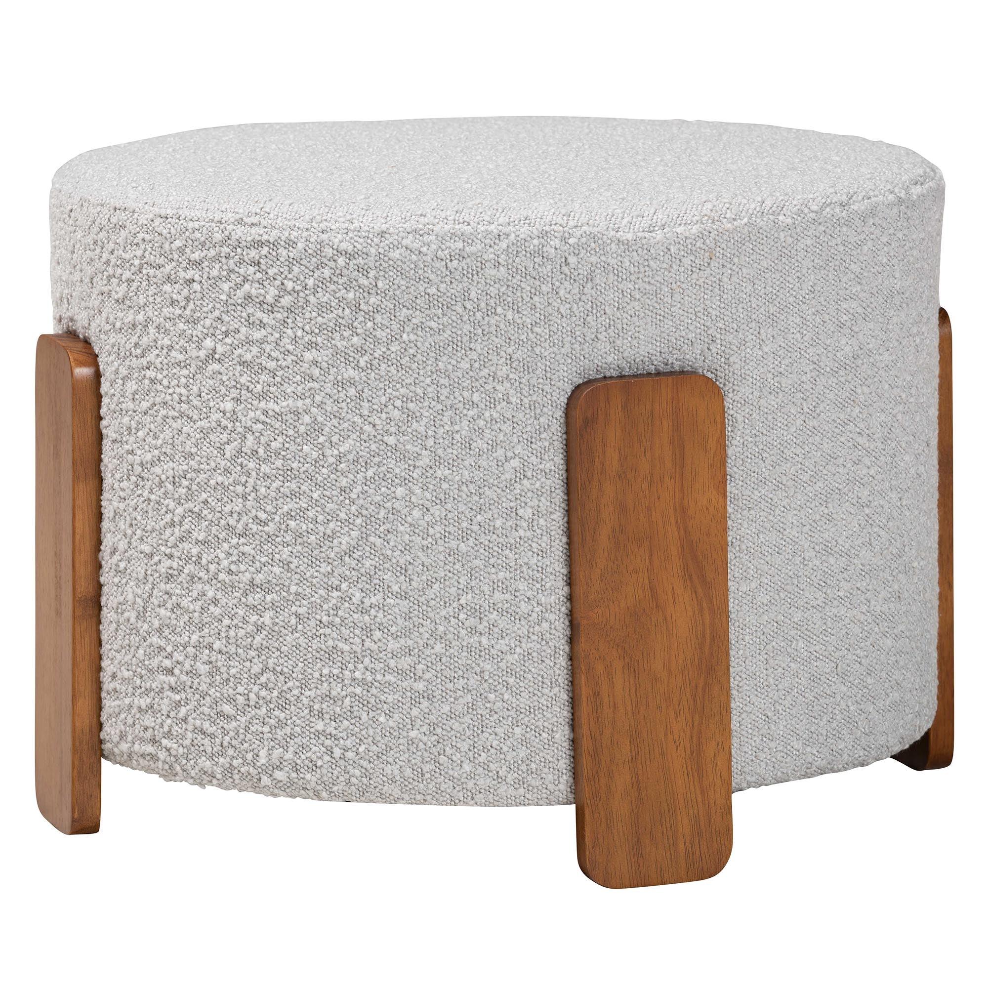 Finlay Modern Japandi Light Boucle Fabric and Finished Wood Ottoman Footstool