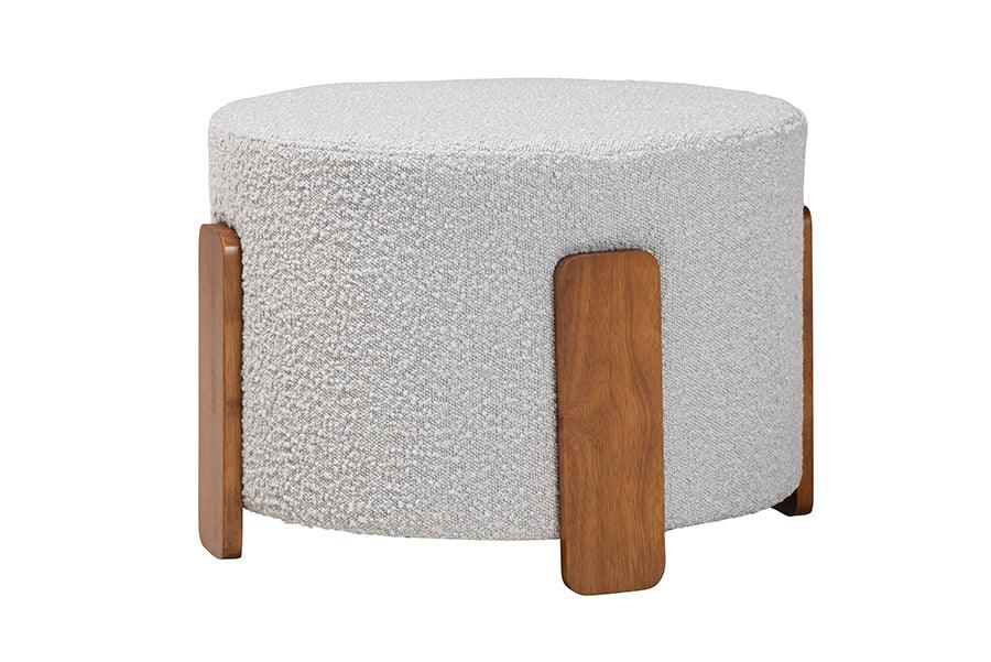 Finlay Modern Japandi Light Boucle Fabric and Finished Wood Ottoman Footstool