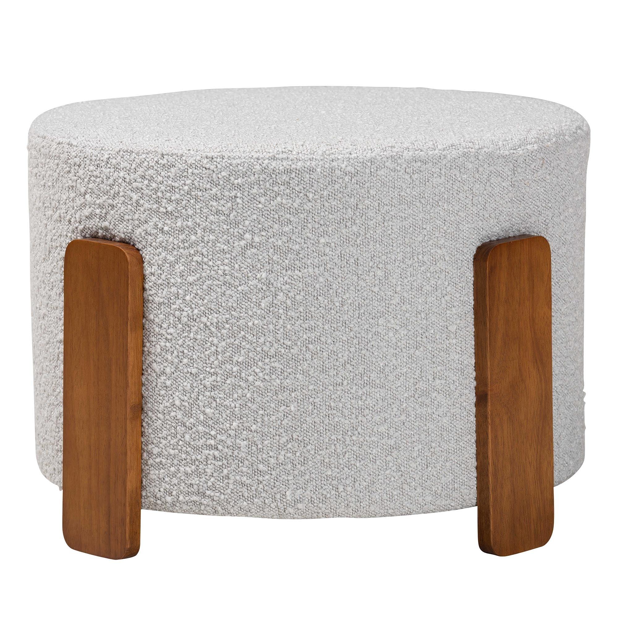 Finlay Modern Japandi Light Boucle Fabric and Finished Wood Ottoman Footstool