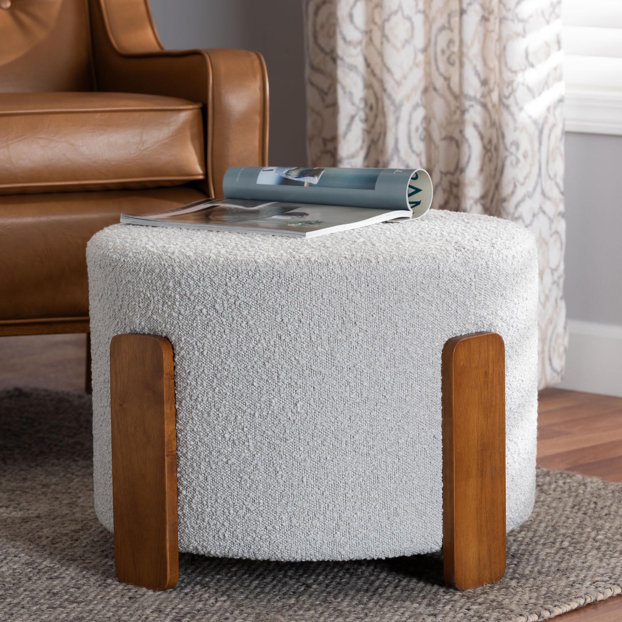 Finlay Modern Japandi Light Boucle Fabric and Finished Wood Ottoman Footstool