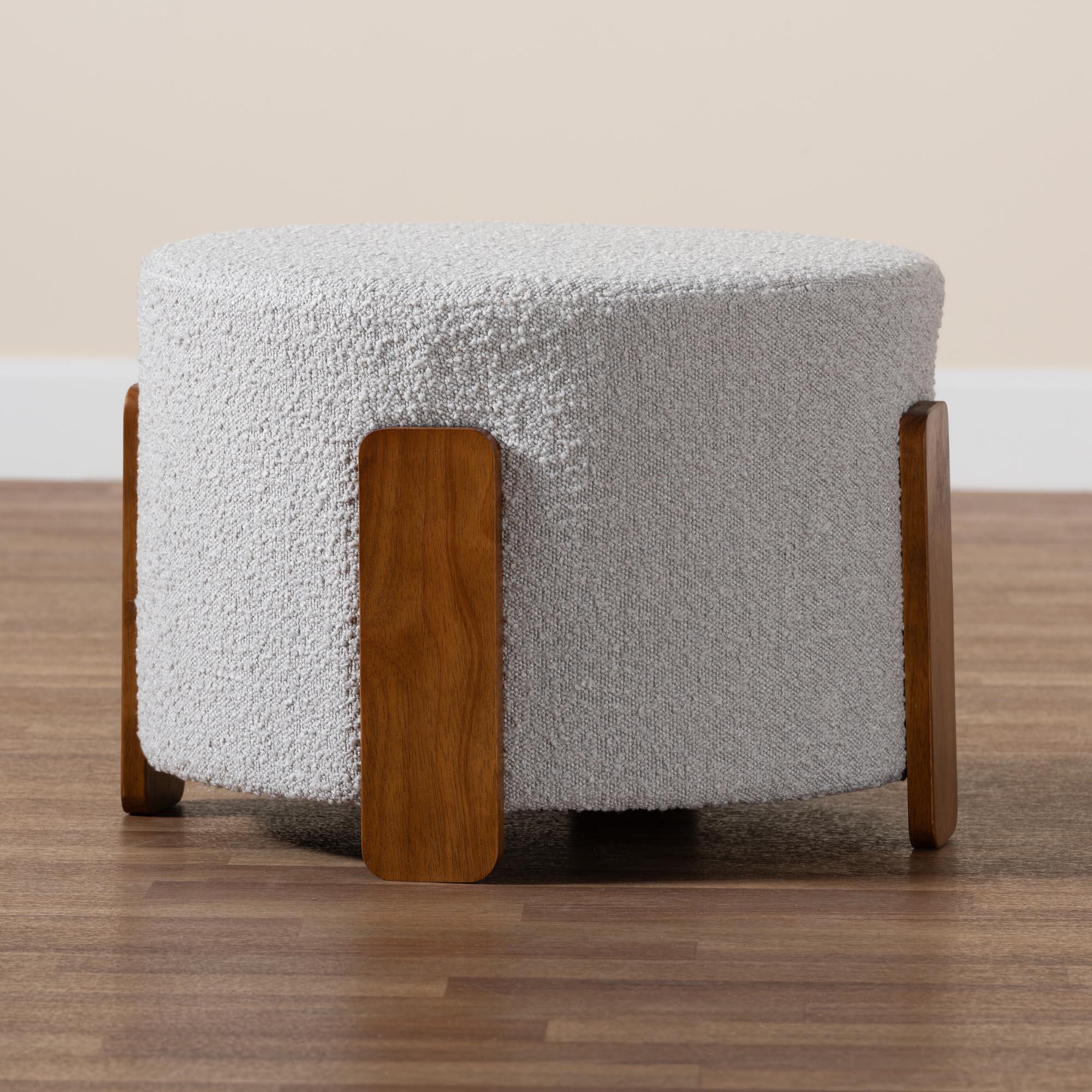 Finlay Modern Japandi Light Boucle Fabric and Finished Wood Ottoman Footstool