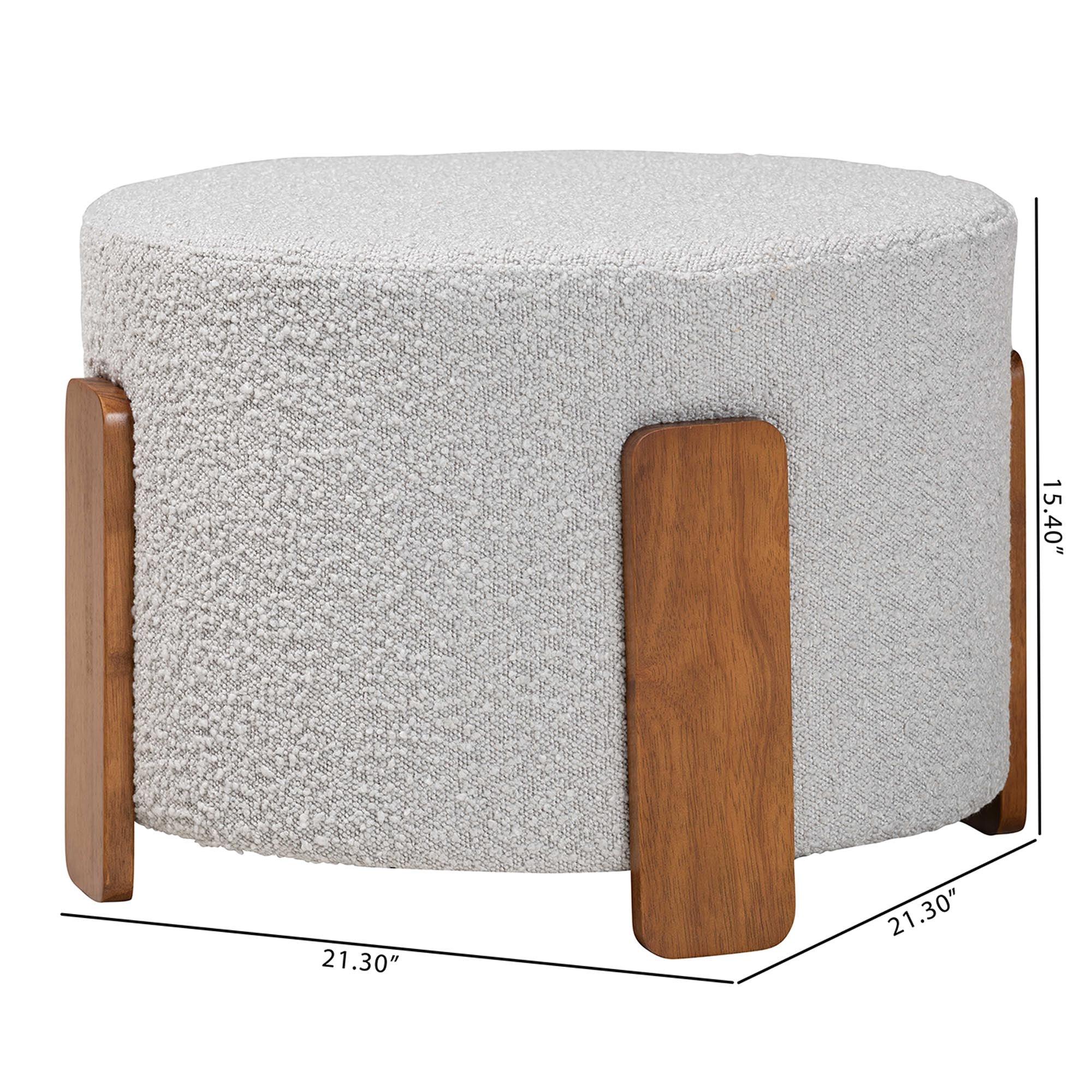 Finlay Modern Japandi Light Boucle Fabric and Finished Wood Ottoman Footstool