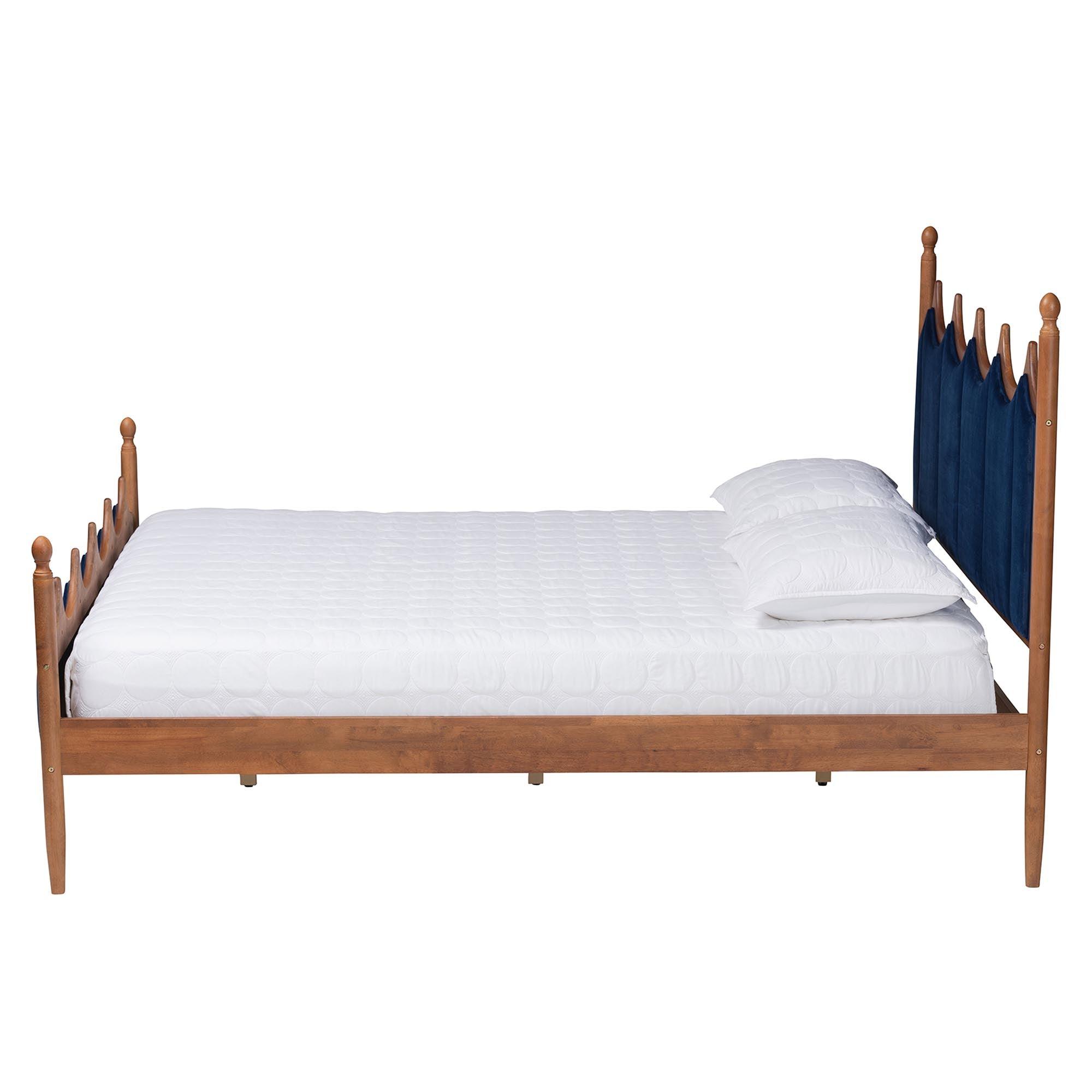 Calgary Retro-Modern Royal Velvet Fabric and Wood Platform Bed