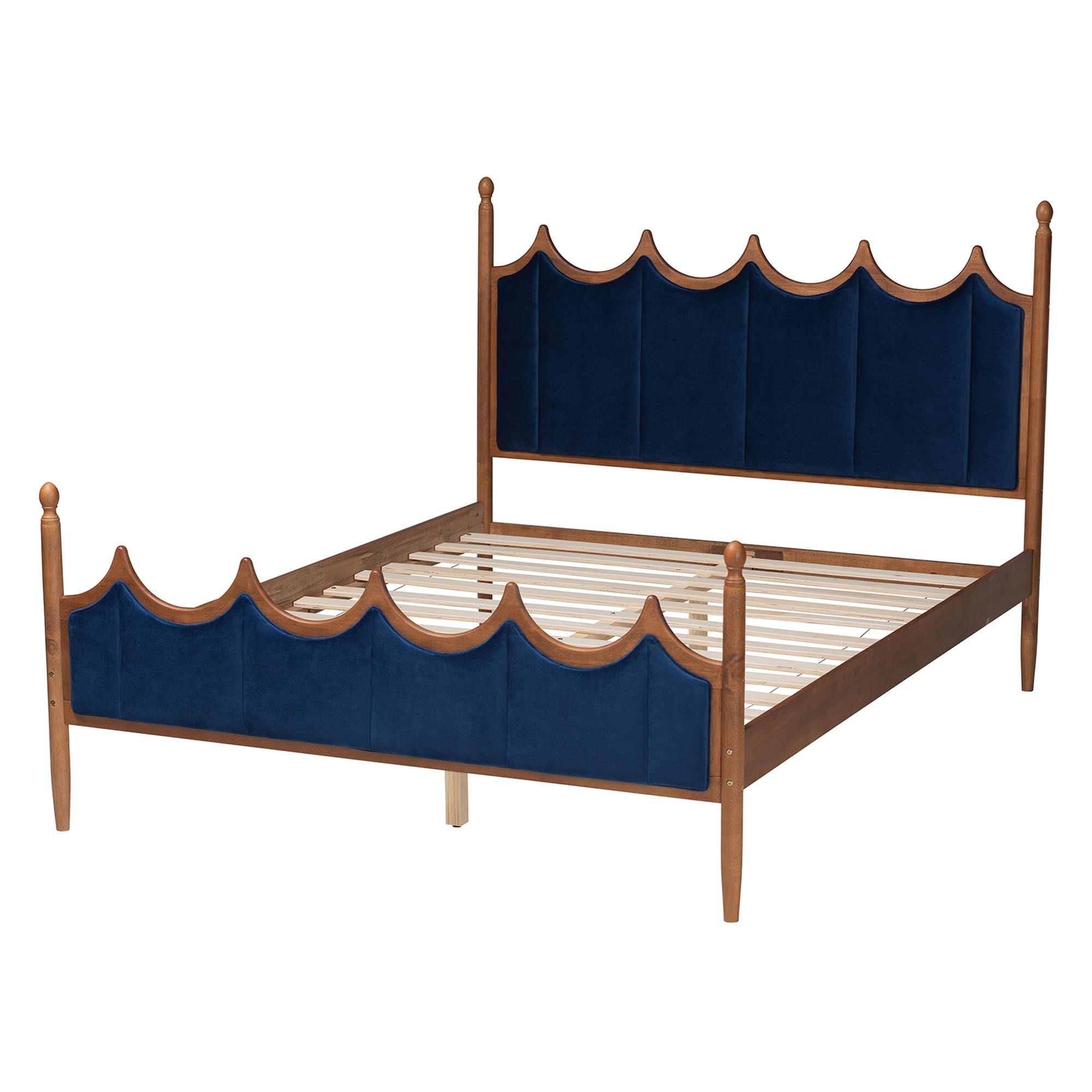 Calgary Retro-Modern Royal Velvet Fabric and Wood Platform Bed