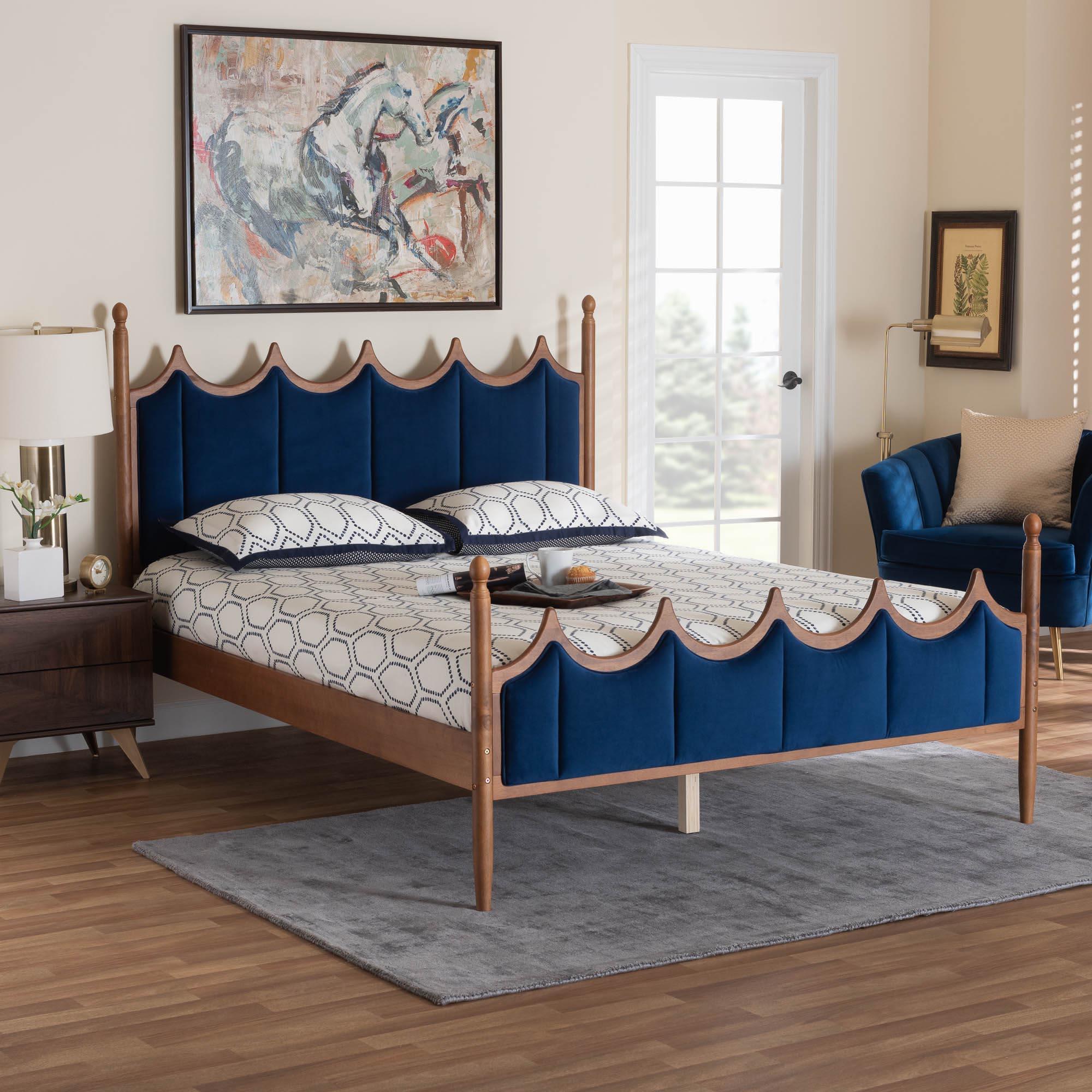 Calgary Retro-Modern Royal Velvet Fabric and Wood Platform Bed