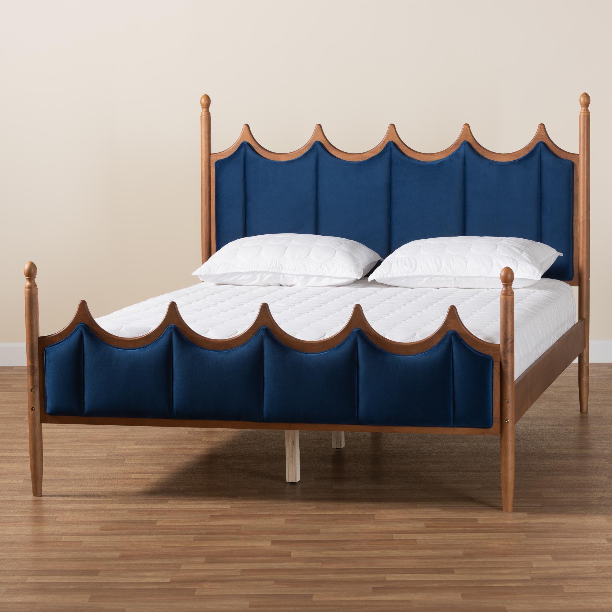 Calgary Retro-Modern Royal Velvet Fabric and Wood Platform Bed