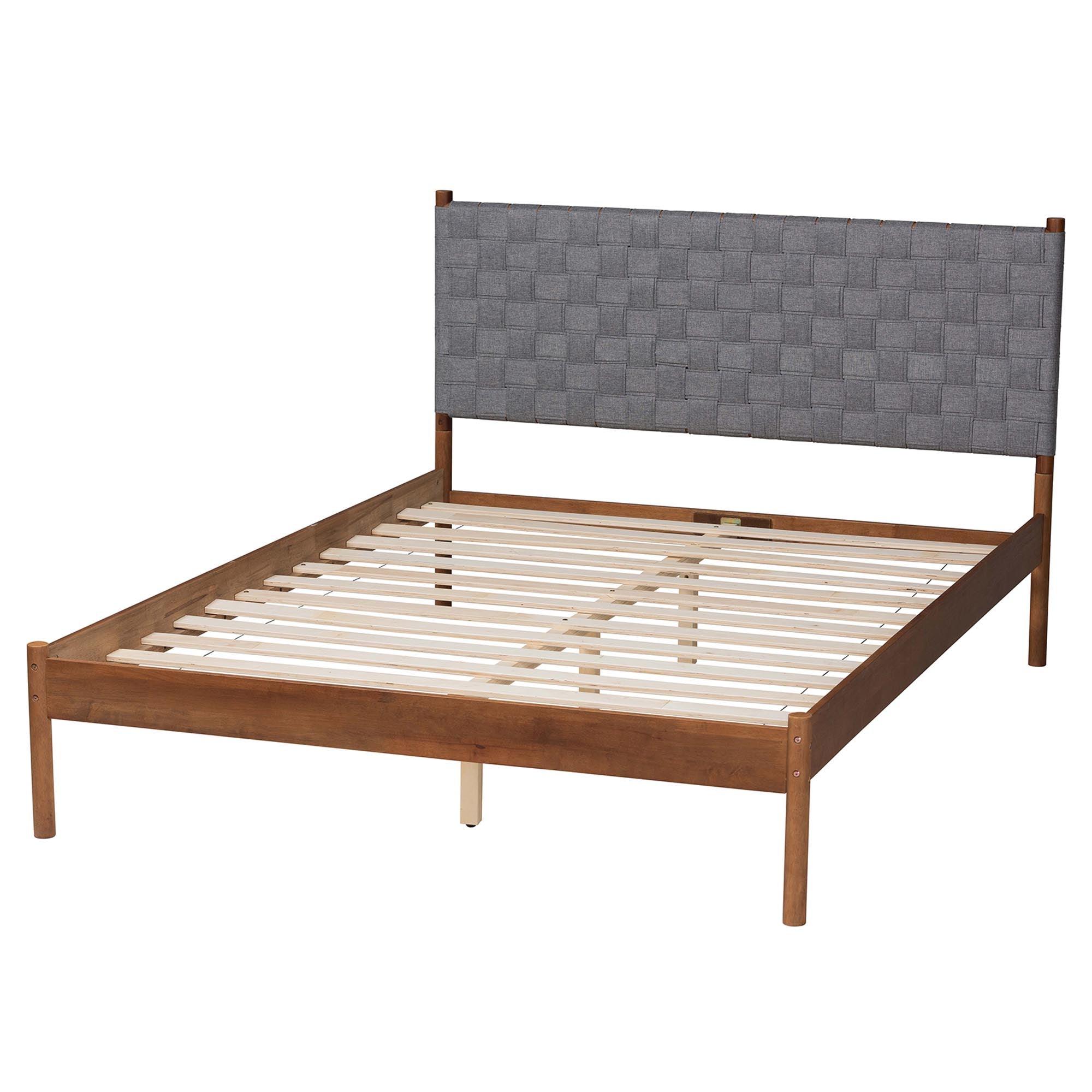 Estela Mid-Century Modern Woven Fabric and Wood Platform Bed