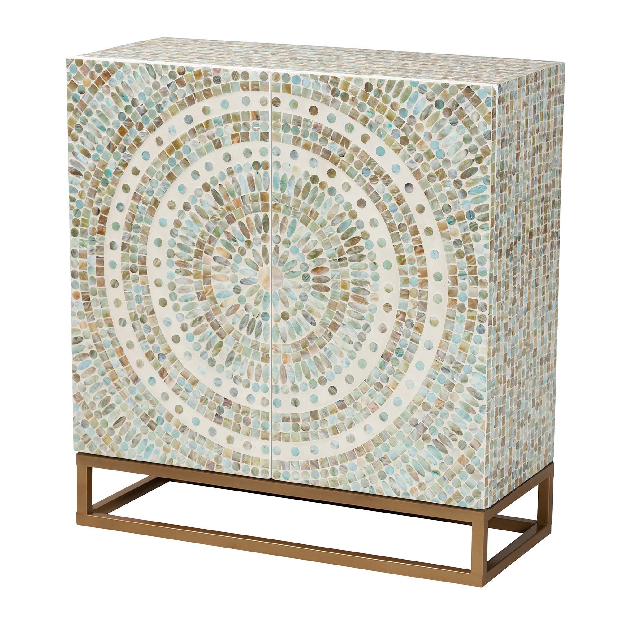 Quintus Modern Bohemian Multicolor Mother of Pearl and Metal Storage Cabinet