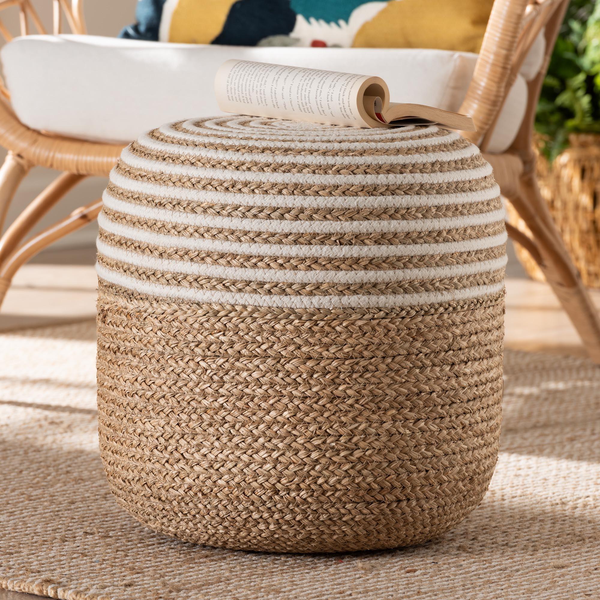 bali & pari Nequiel Modern Bohemian Seagrass and Woven Rope Ottoman Footstool