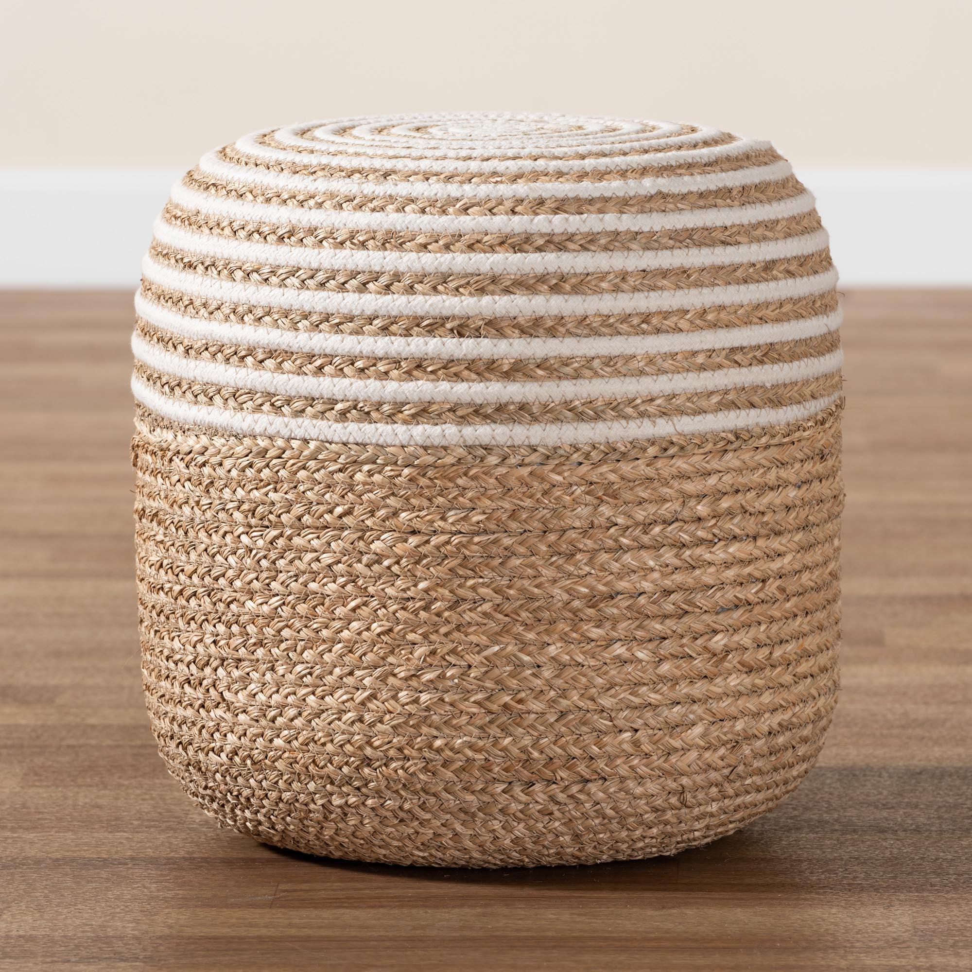 bali & pari Nequiel Modern Bohemian Seagrass and Woven Rope Ottoman Footstool