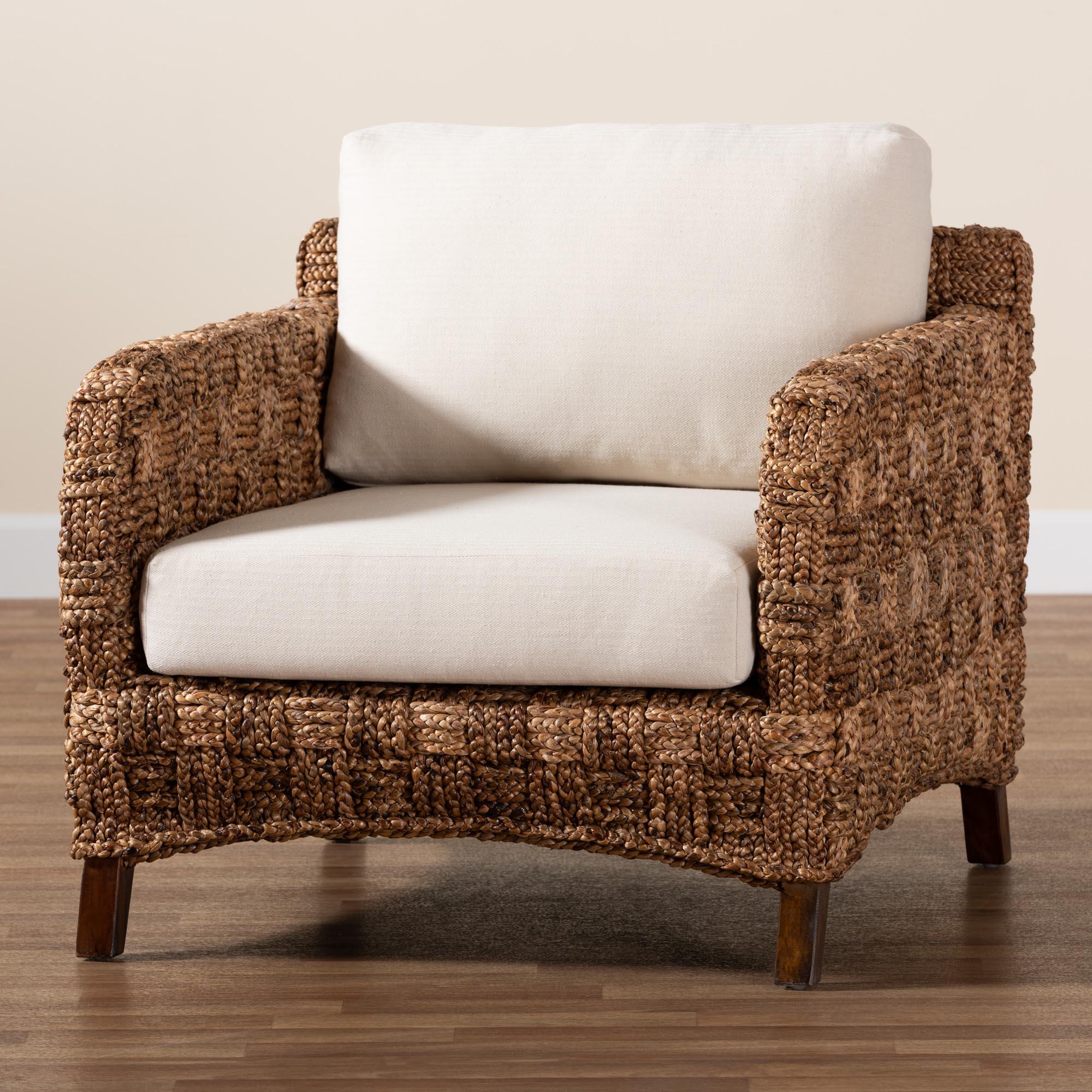 bali & pari Vevina Modern Bohemian Mahogany Wood and Woven Seagrass Arm Chair