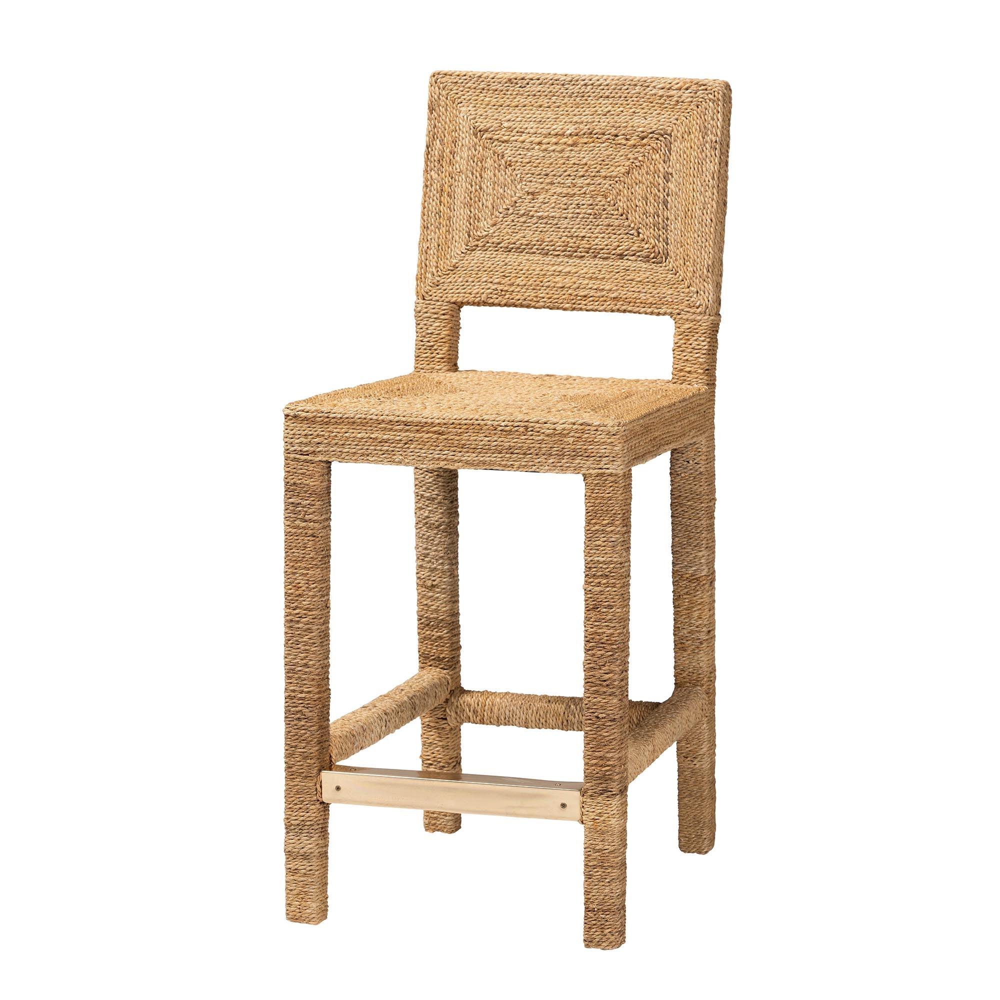 bali & pari Anfield Modern Bohemian Seagrass and Mahogany Wood Counter Stool