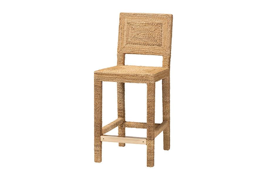 bali & pari Anfield Modern Bohemian Seagrass and Mahogany Wood Counter Stool