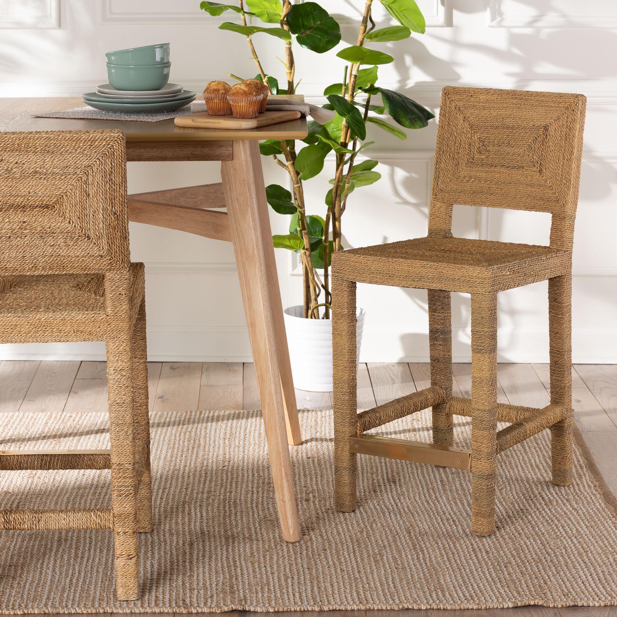 bali & pari Anfield Modern Bohemian Seagrass and Mahogany Wood Counter Stool