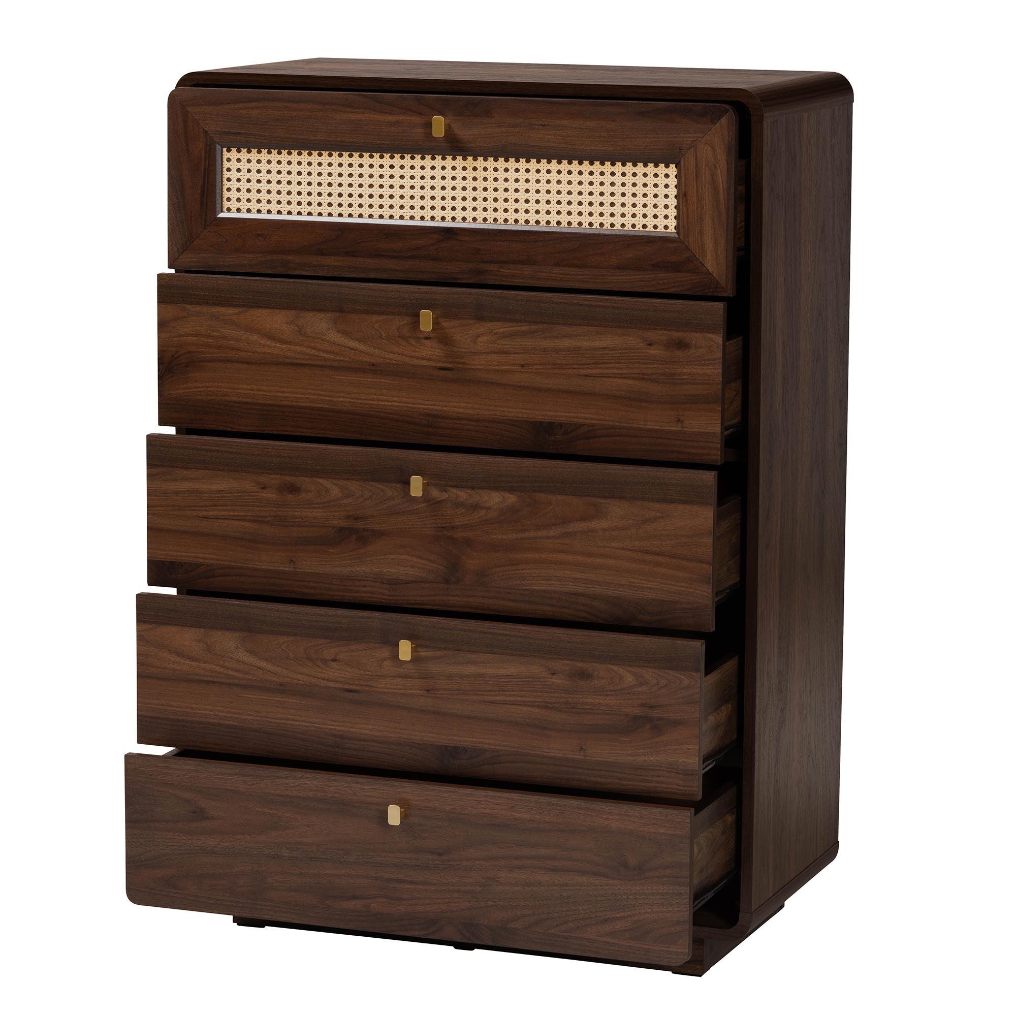 Jenibelle Classic Wood 5-Drawer Chest with Rattan Drawer