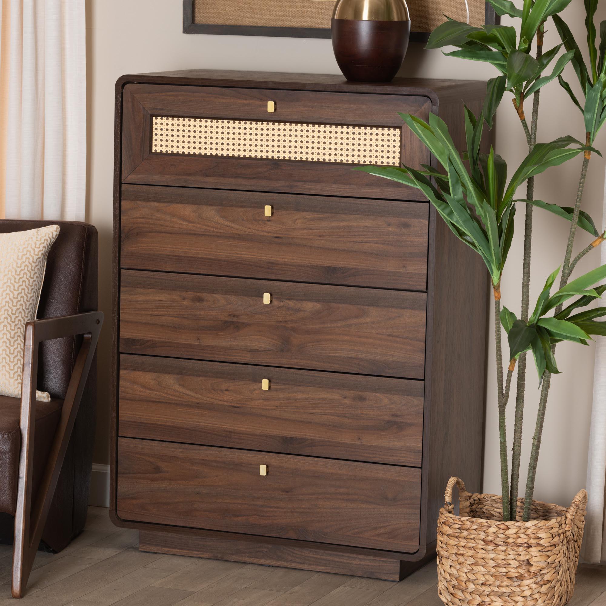 Jenibelle Classic Wood 5-Drawer Chest with Rattan Drawer