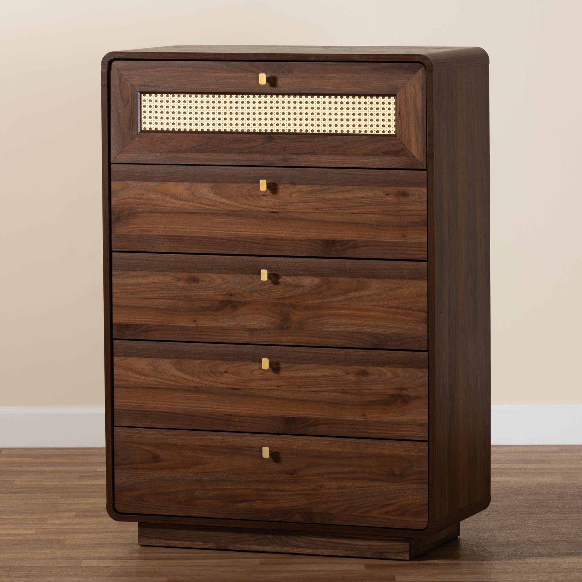 Jenibelle Classic Wood 5-Drawer Chest with Rattan Drawer