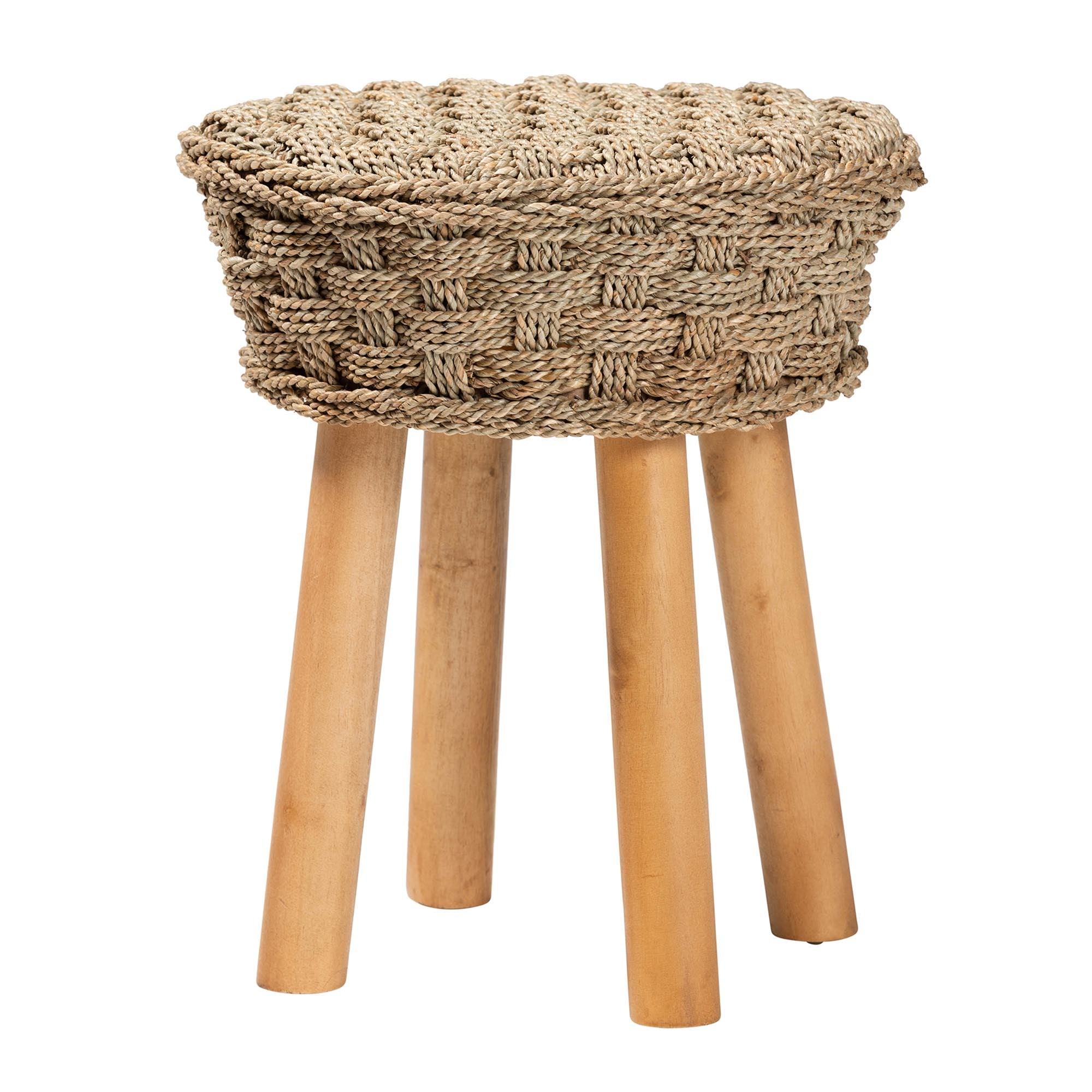 bali & pari Denver Modern Bohemian Seagrass and Acacia Wood Stool