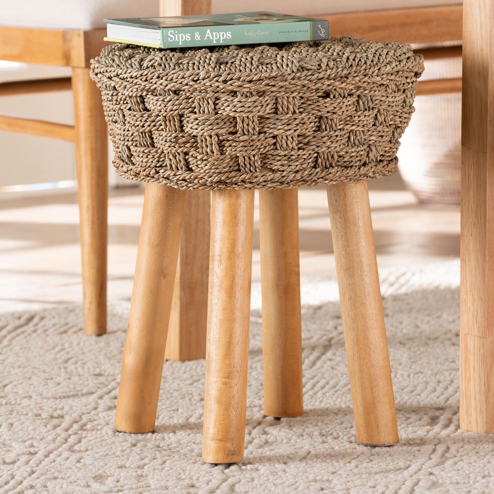 bali & pari Denver Modern Bohemian Seagrass and Acacia Wood Stool