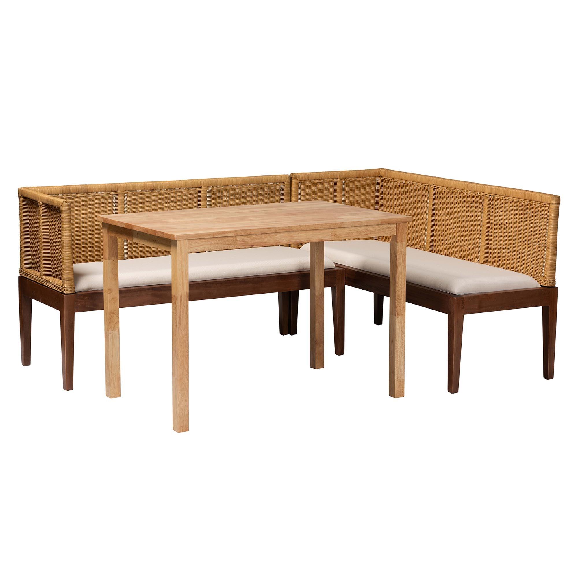 bali & pari Tabanan Modern Bohemian Rattan and Acacia Wood 3-Piece Dining Nook set