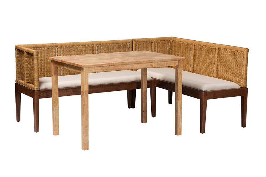 bali & pari Tabanan Modern Bohemian Rattan and Acacia Wood 3-Piece Dining Nook set