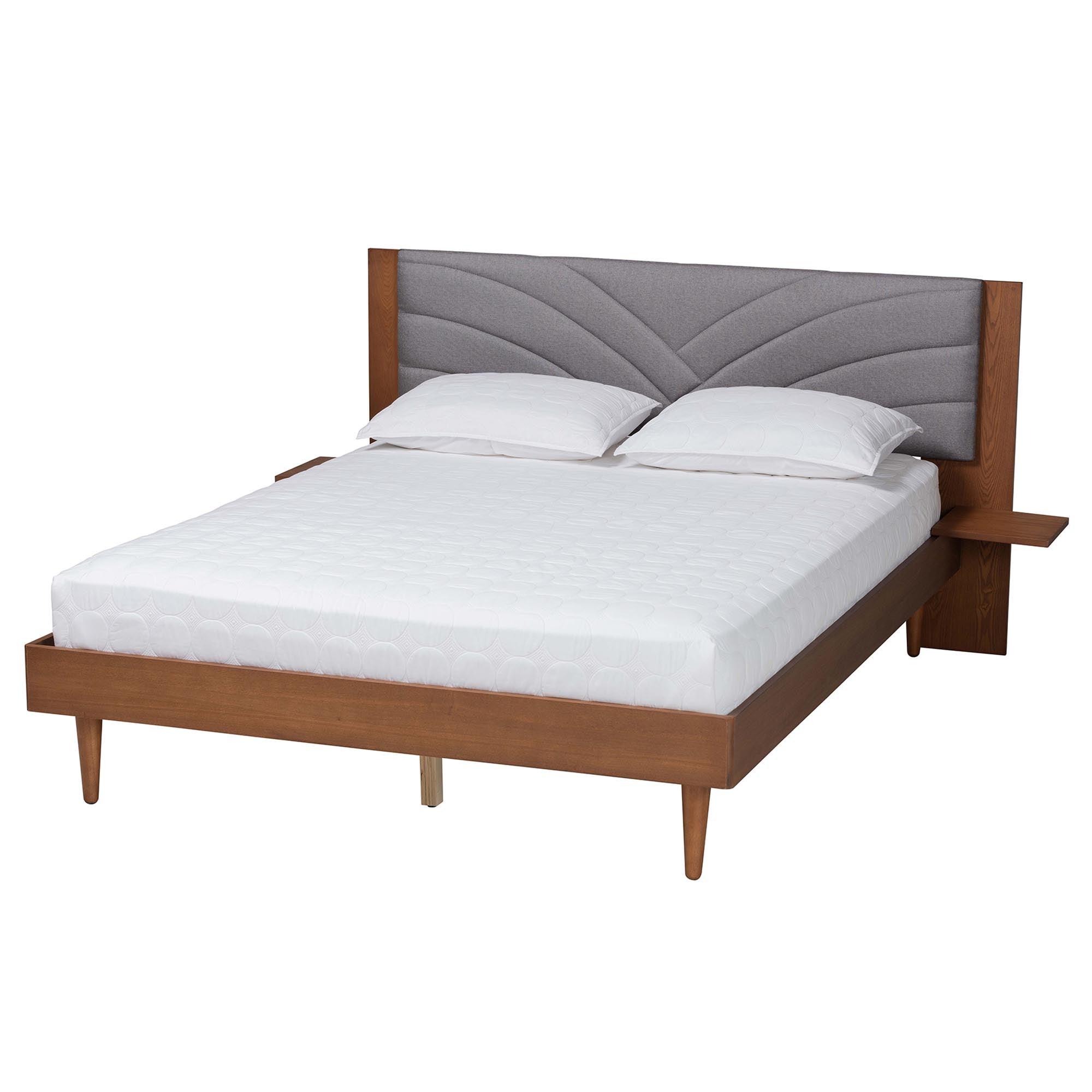 Hemera Mid-Century Modern Fabric and Wood Platform Bed With Floating Side Table