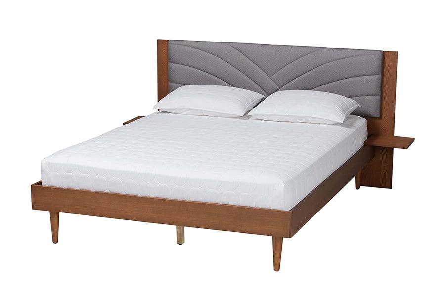 Hemera Mid-Century Modern Fabric and Wood Platform Bed With Floating Side Table