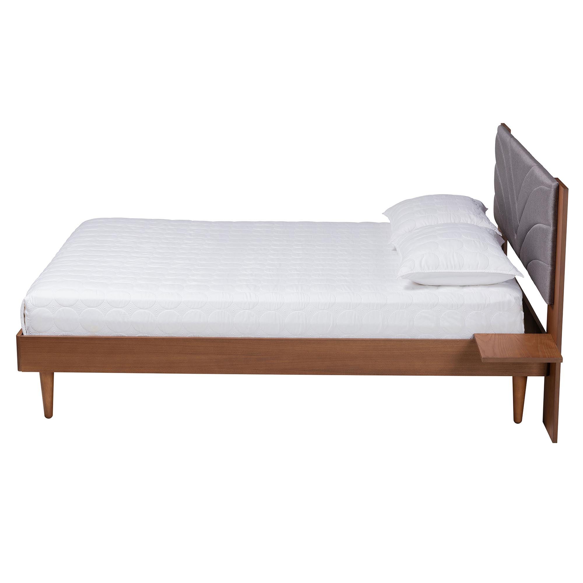 Hemera Mid-Century Modern Fabric and Wood Platform Bed With Floating Side Table