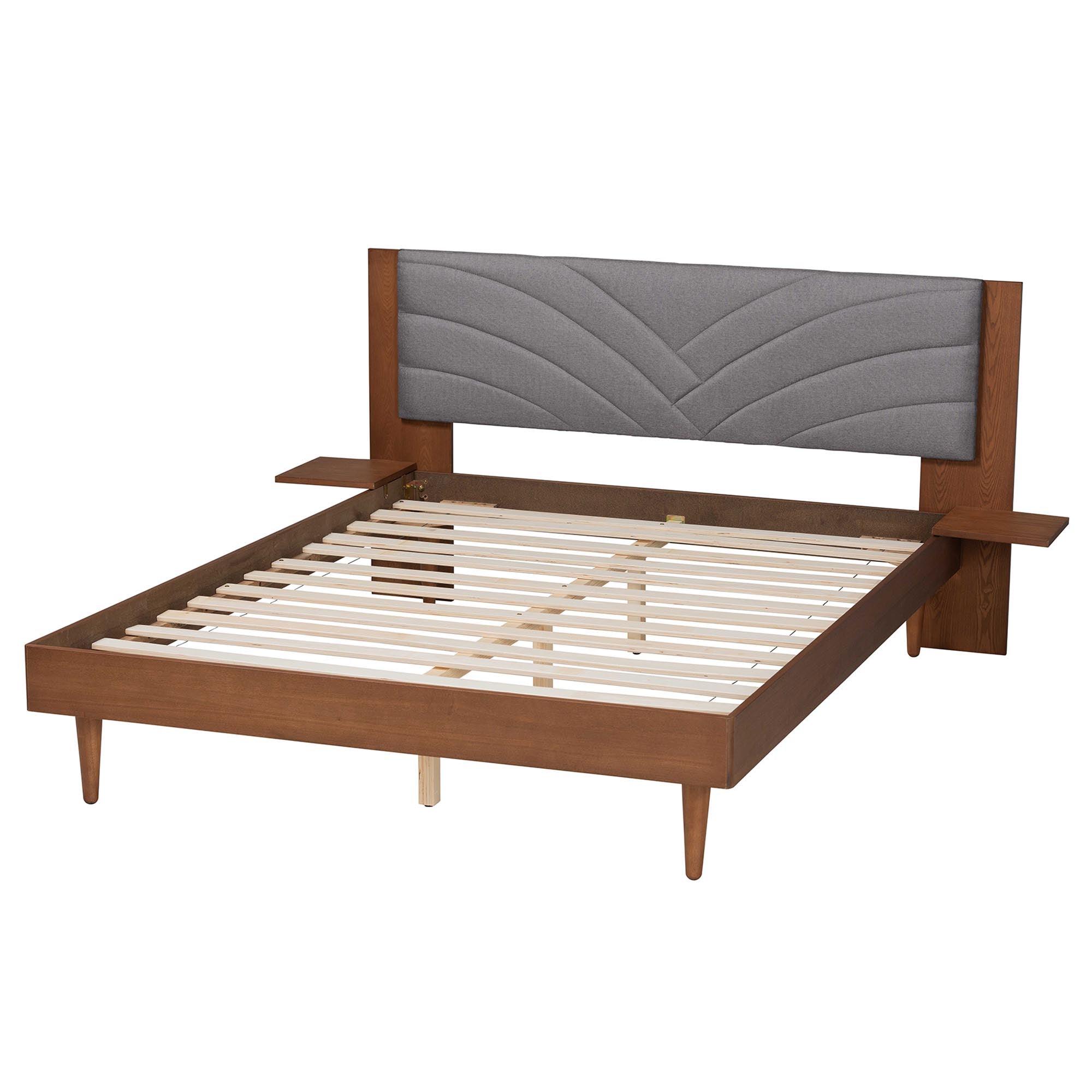 Hemera Mid-Century Modern Fabric and Wood Platform Bed With Floating Side Table