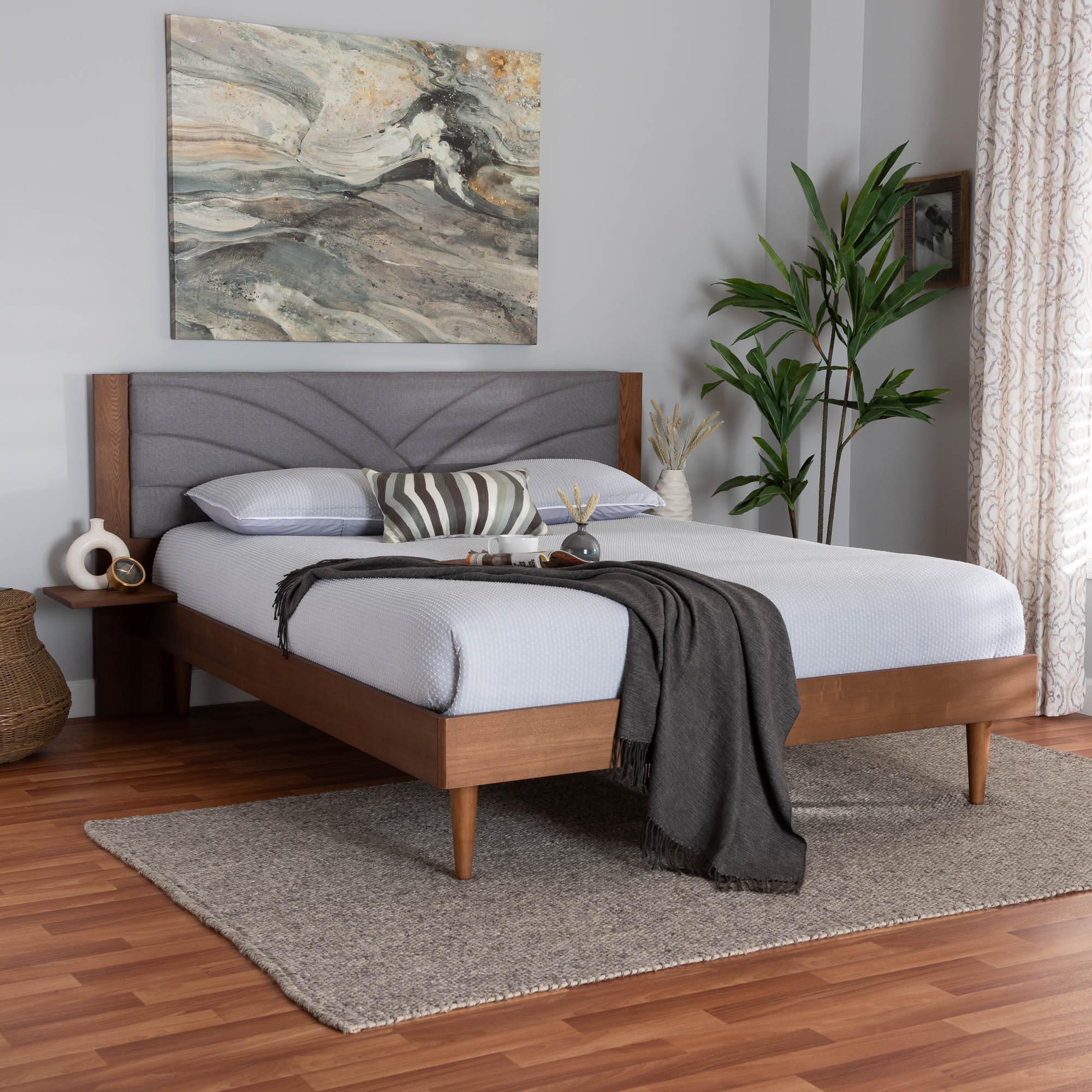 Hemera Mid-Century Modern Fabric and Wood Platform Bed With Floating Side Table