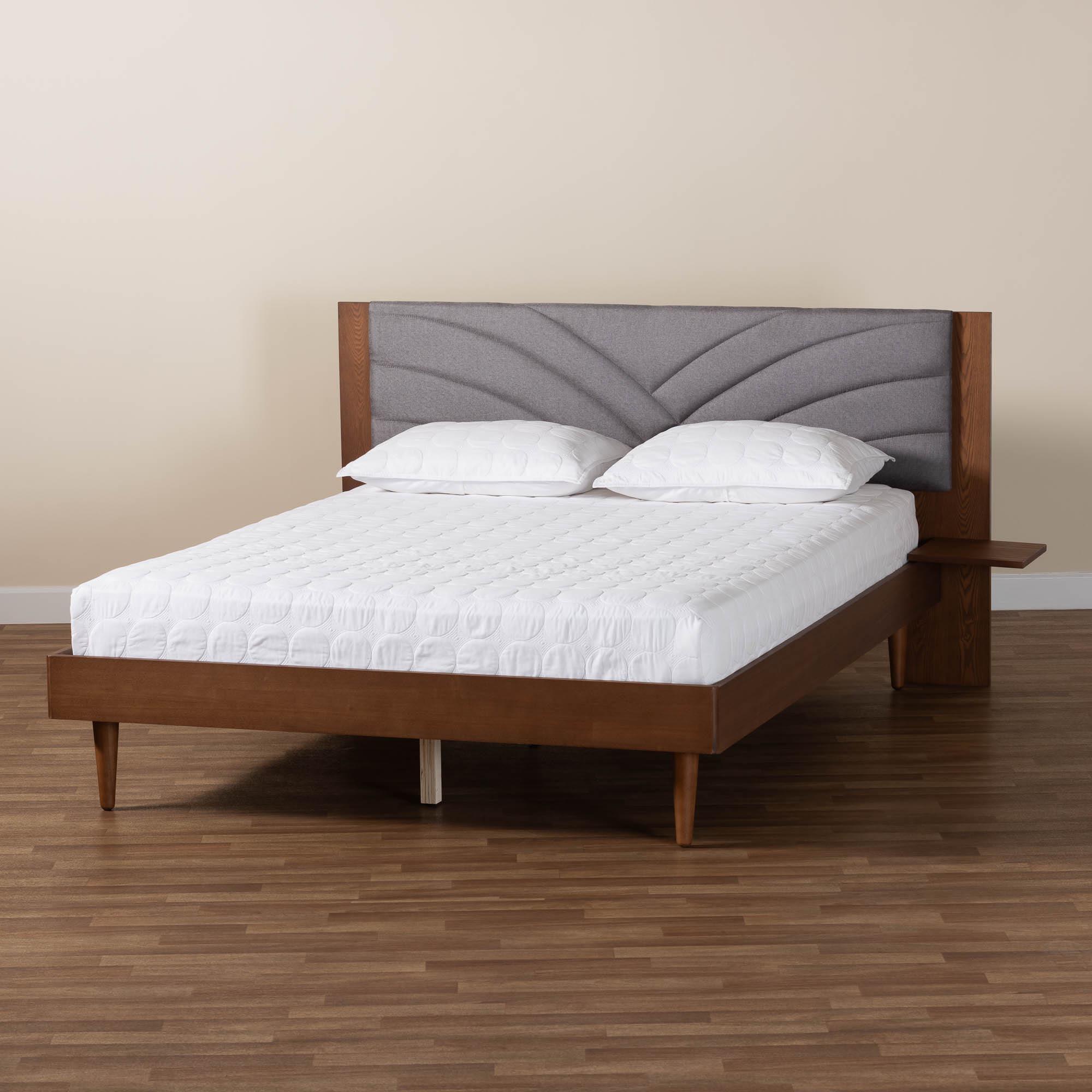 Hemera Mid-Century Modern Fabric and Wood Platform Bed With Floating Side Table