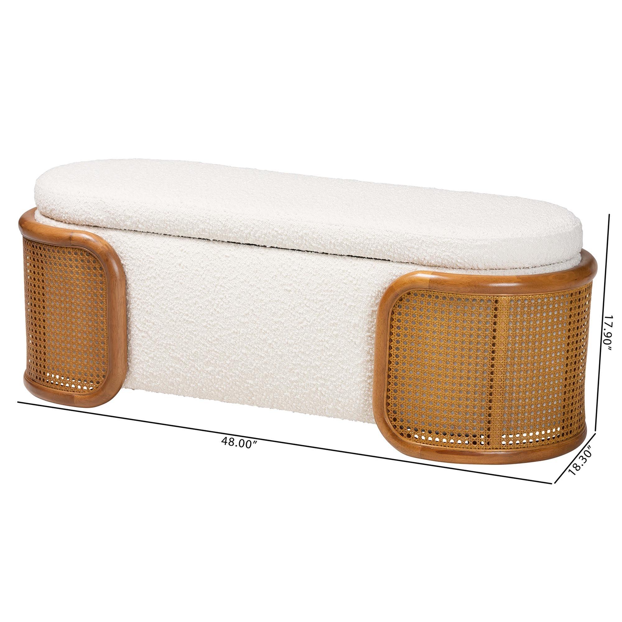 Basira Japandi Cream Boucle Fabric Storage Bench with Woven Rattan