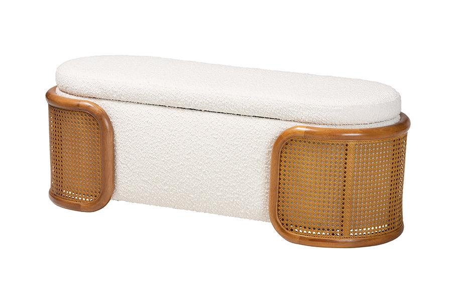 Basira Japandi Cream Boucle Fabric Storage Bench with Woven Rattan