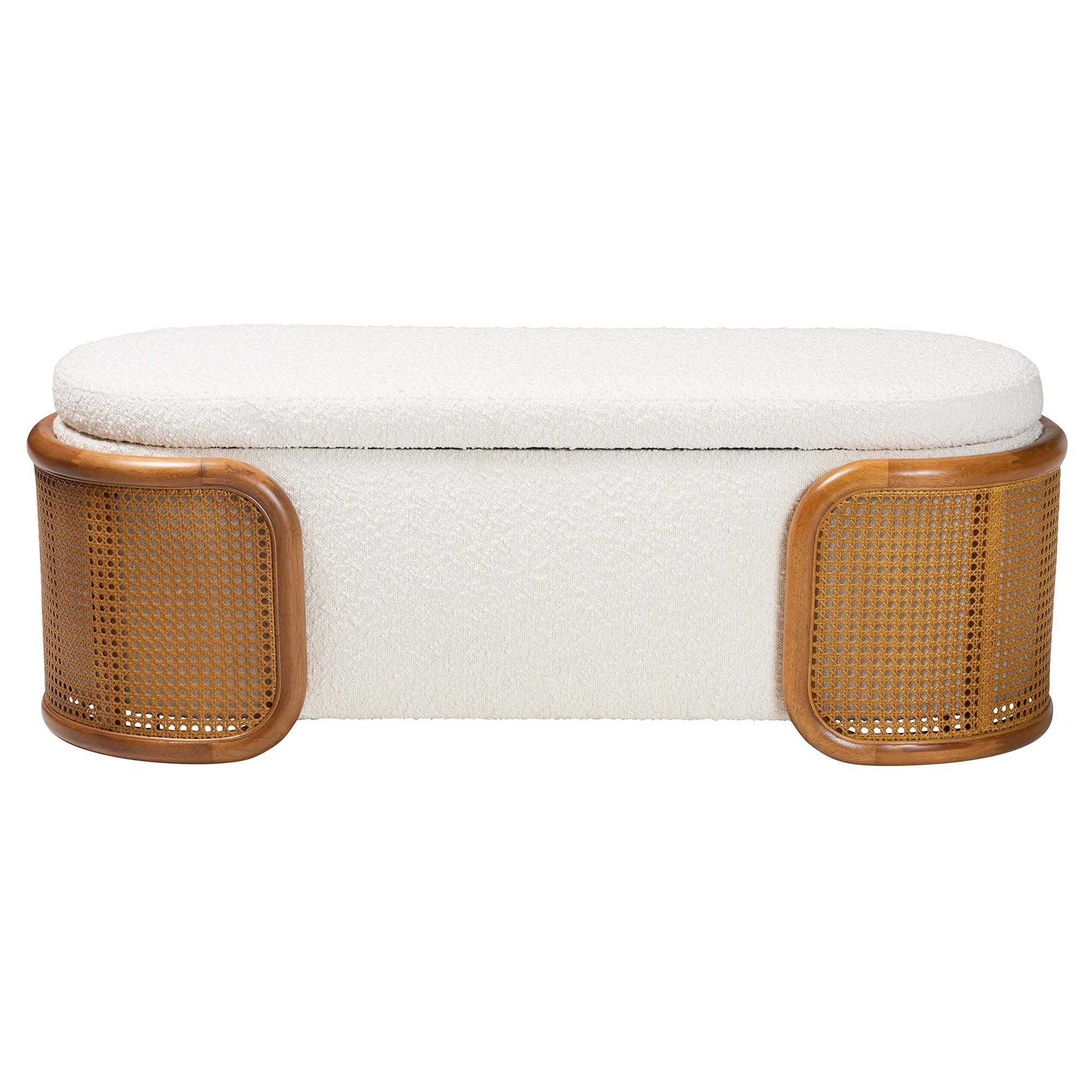 Basira Japandi Cream Boucle Fabric Storage Bench with Woven Rattan