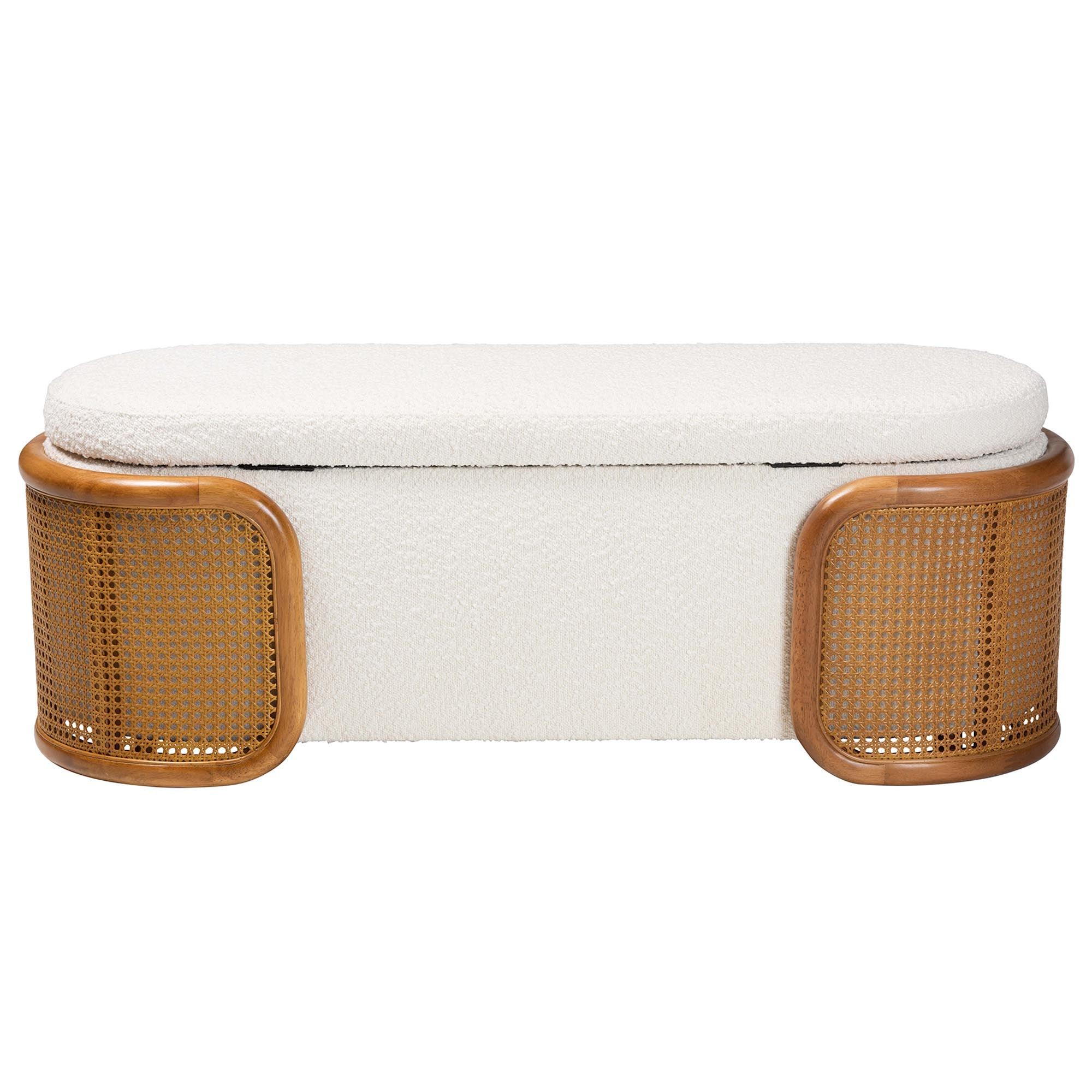 Basira Japandi Cream Boucle Fabric Storage Bench with Woven Rattan