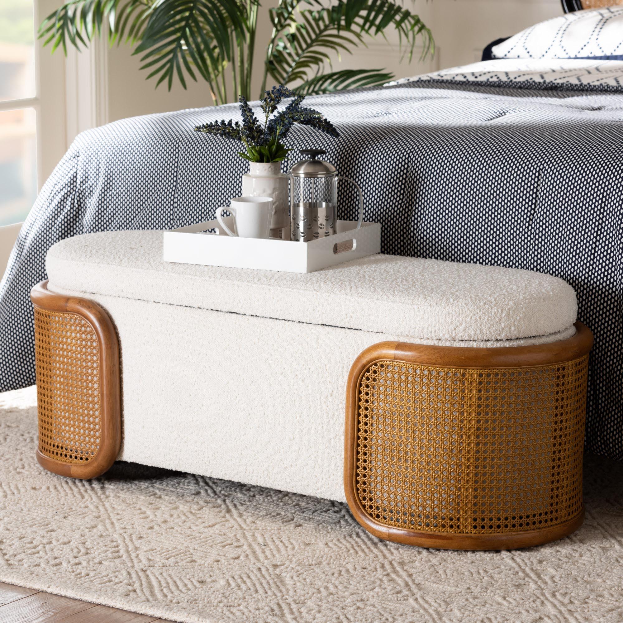 Basira Japandi Cream Boucle Fabric Storage Bench with Woven Rattan