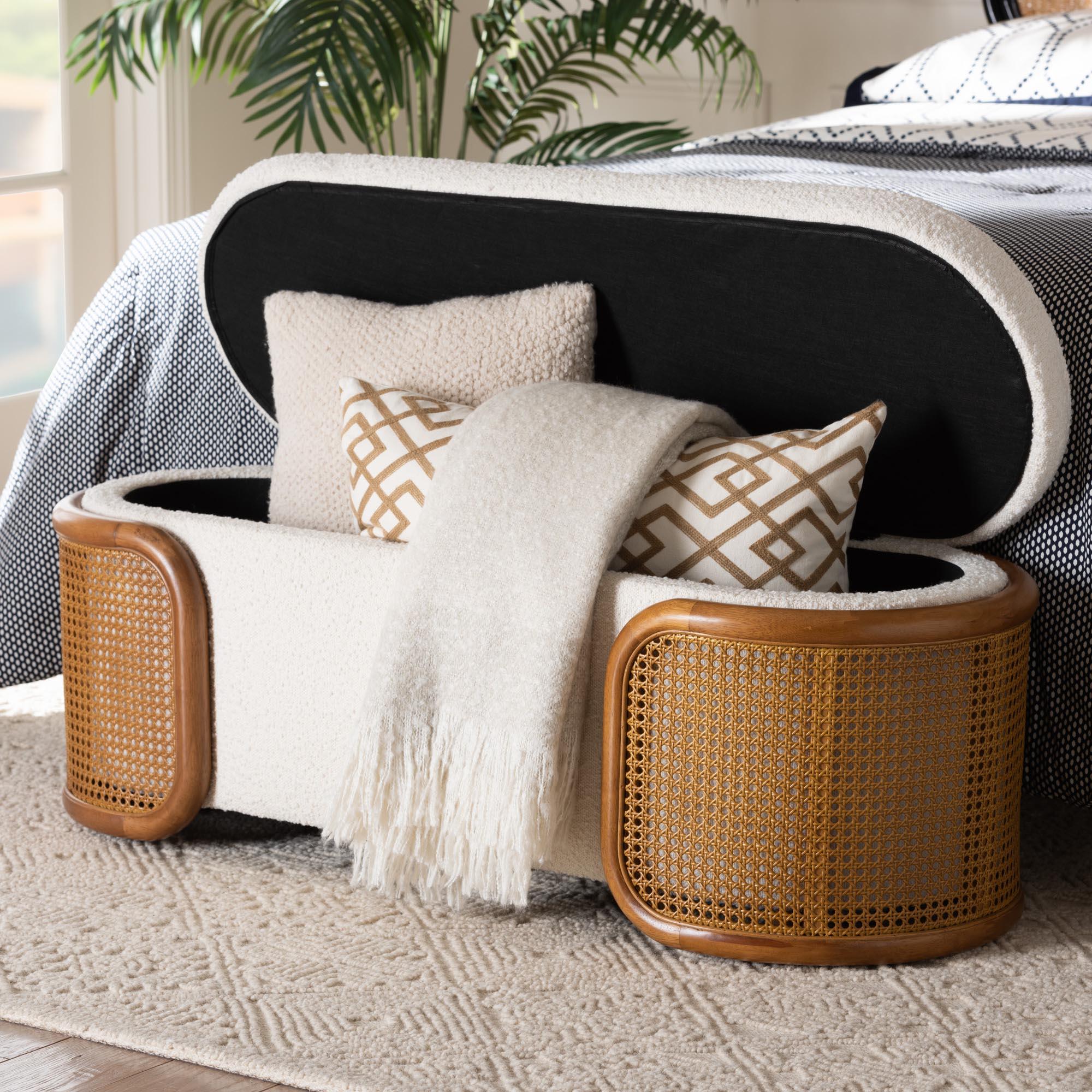 Basira Japandi Cream Boucle Fabric Storage Bench with Woven Rattan