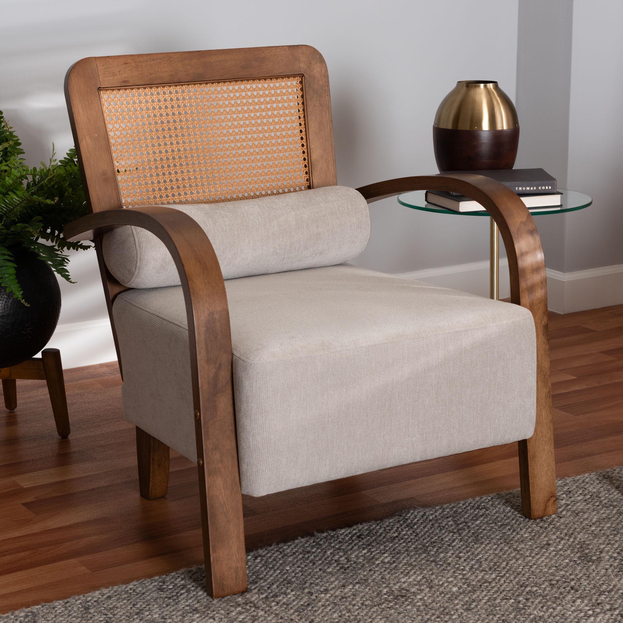 Sage Modern Japandi Light Fabric and Finished Wood Arm Chair with Woven Rattan