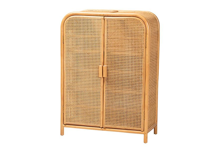 bali & pari Curacao Modern Bohemian Light Honey Rattan 2-Door Storage Cabinet