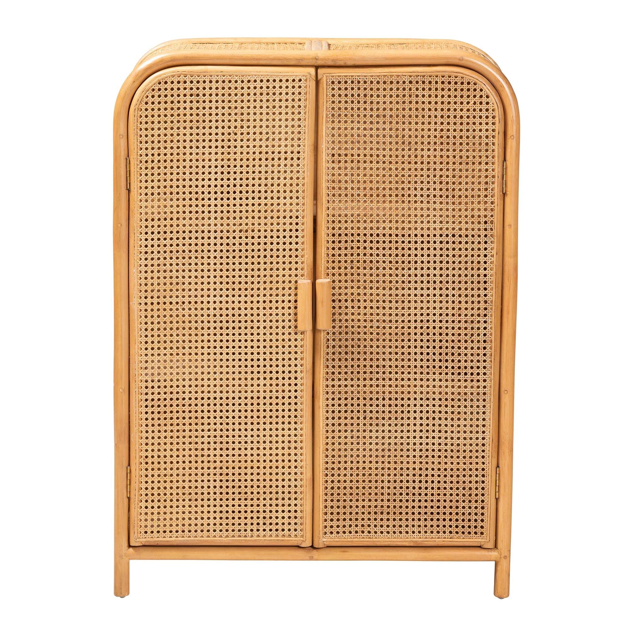 bali & pari Curacao Modern Bohemian Light Honey Rattan 2-Door Storage Cabinet