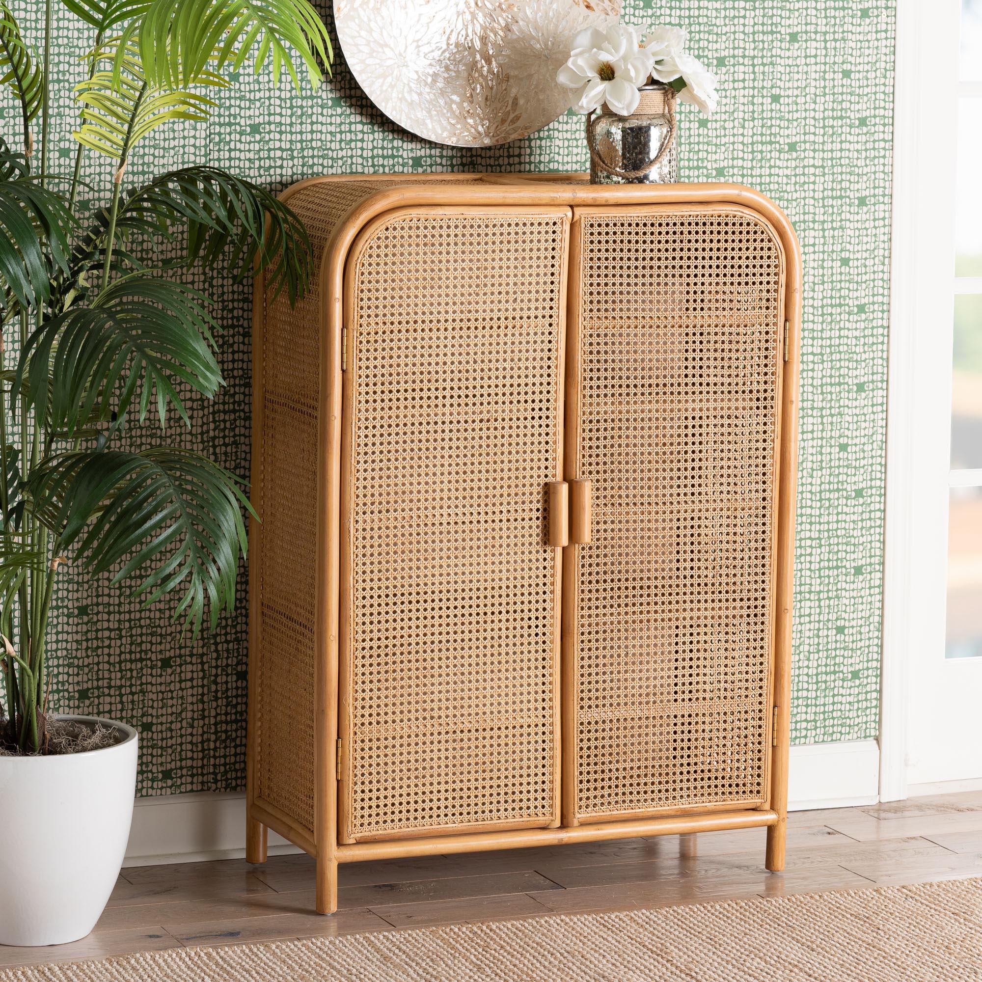 bali & pari Curacao Modern Bohemian Light Honey Rattan 2-Door Storage Cabinet