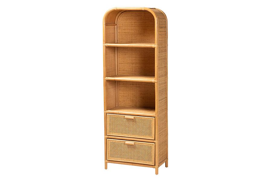 bali & pari Curacao Modern Bohemian Light Honey Rattan 2-Drawer Bookcase