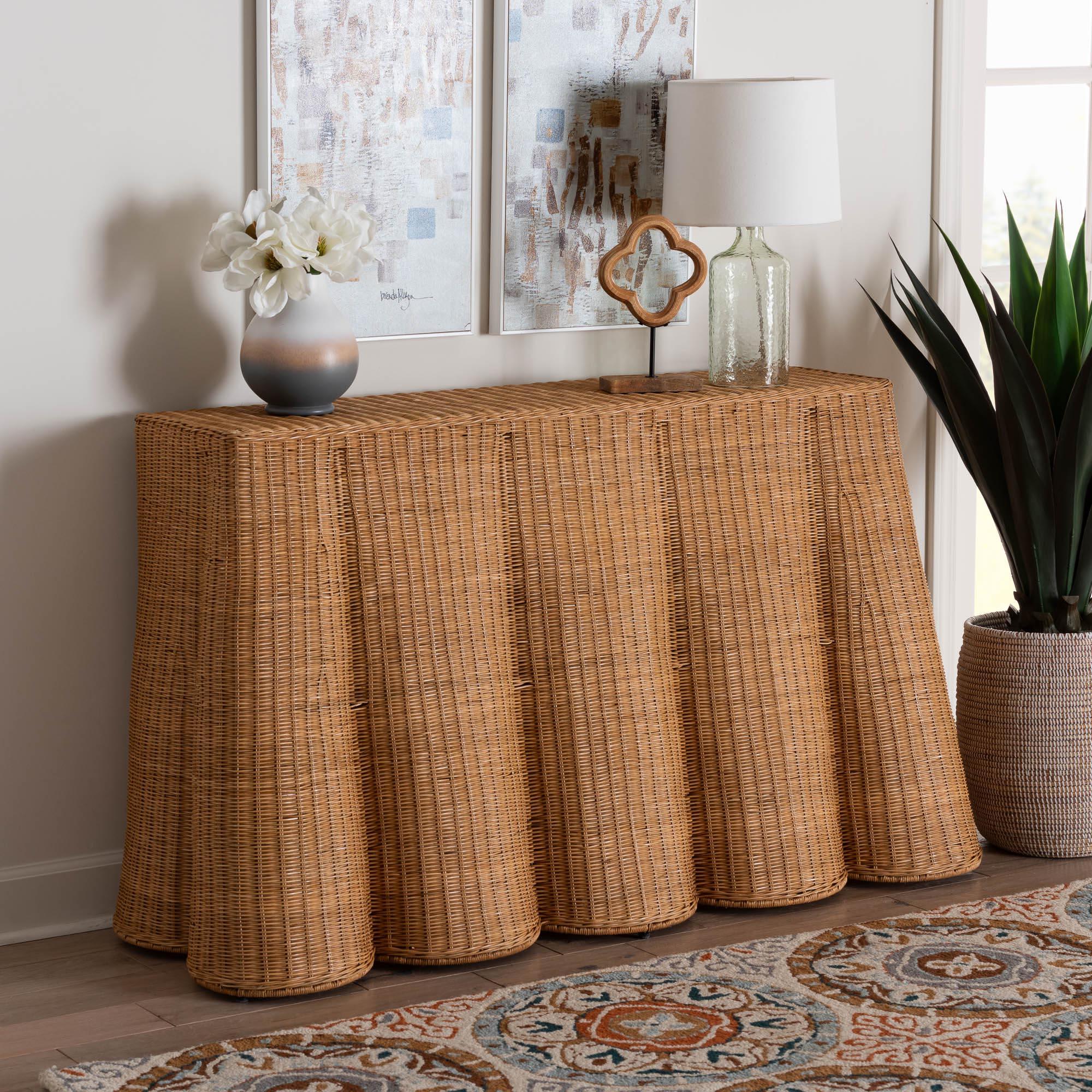 bali & pari Palm Bohemian Honey Scallop Rattan Console Table