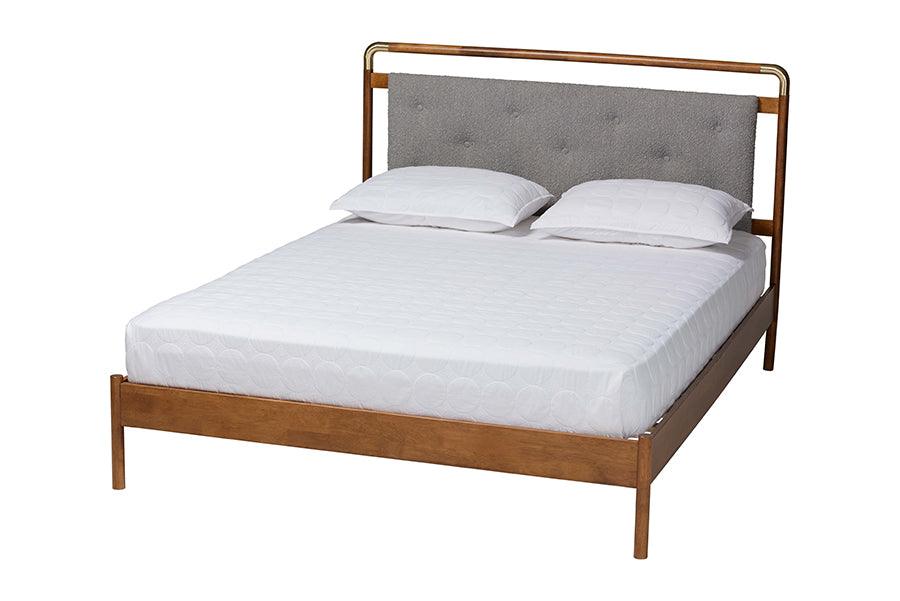 Edwina Mid-Century Light Boucle Fabric and Wood Platform Bed