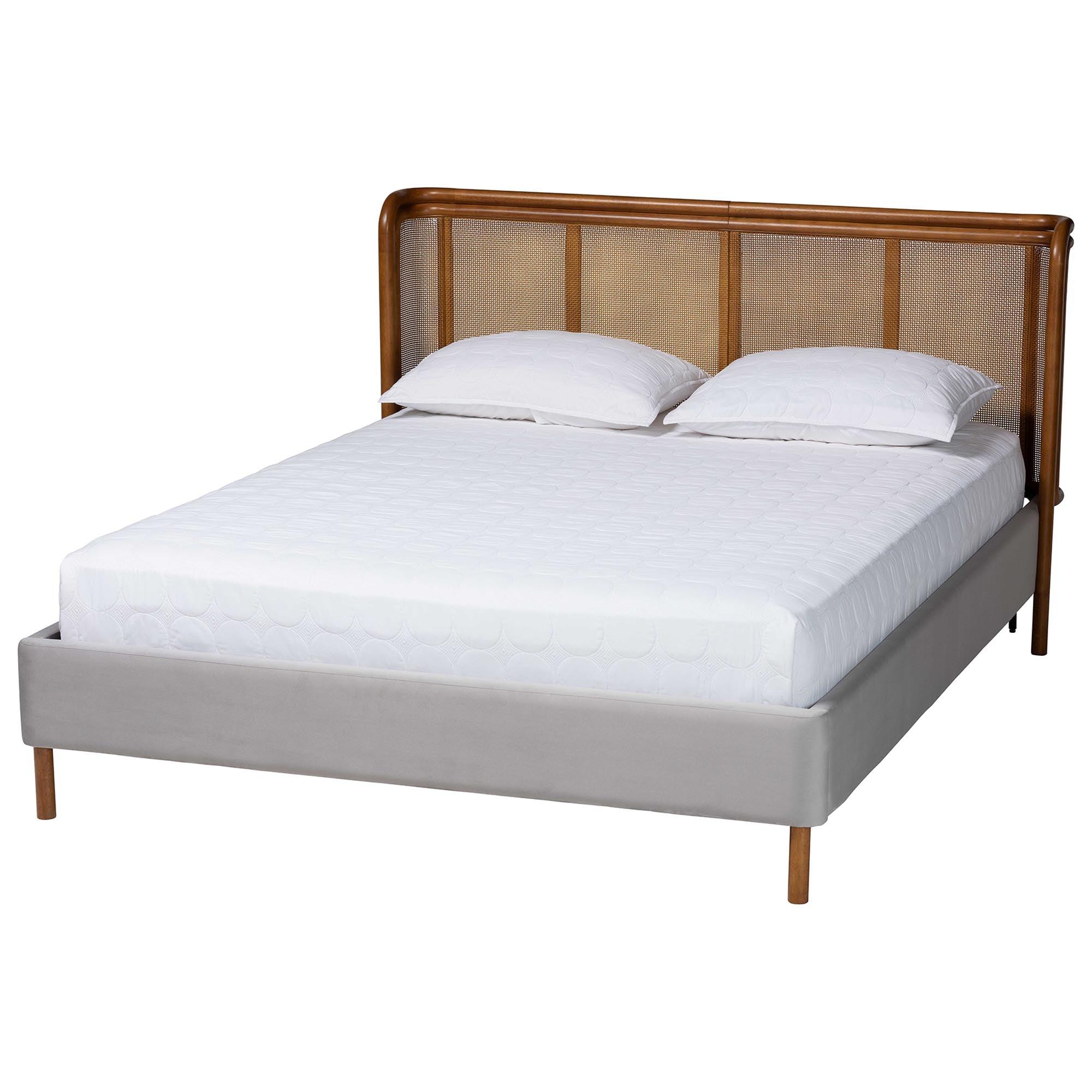 Harrell Mid-Century Modern Velvet and Woven Rattan Wood Bed